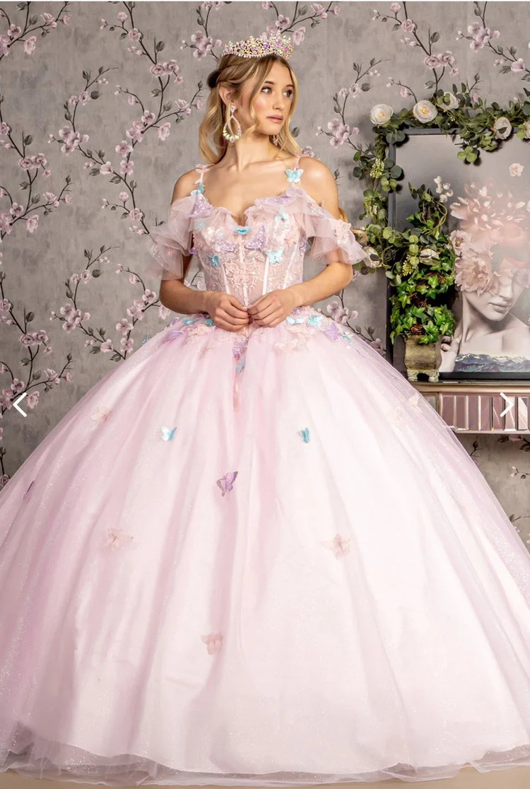 GL3483 GLS by Gloria 3-D Butterfly Jewel Glitter Ruffled Sweetheart Mesh Ball Gown