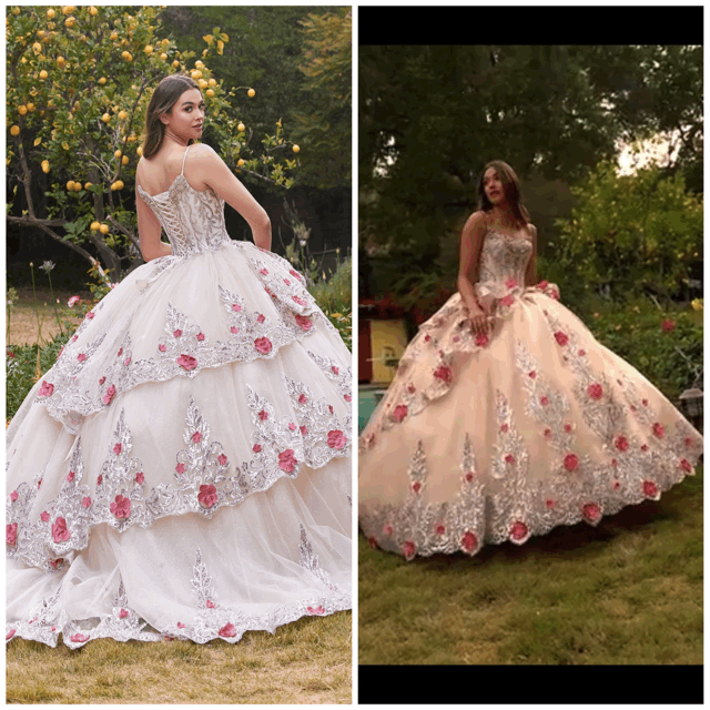 LAYERED TULLE QUINCE BALL GOWN WITH FORAL APPLIQUE 15703