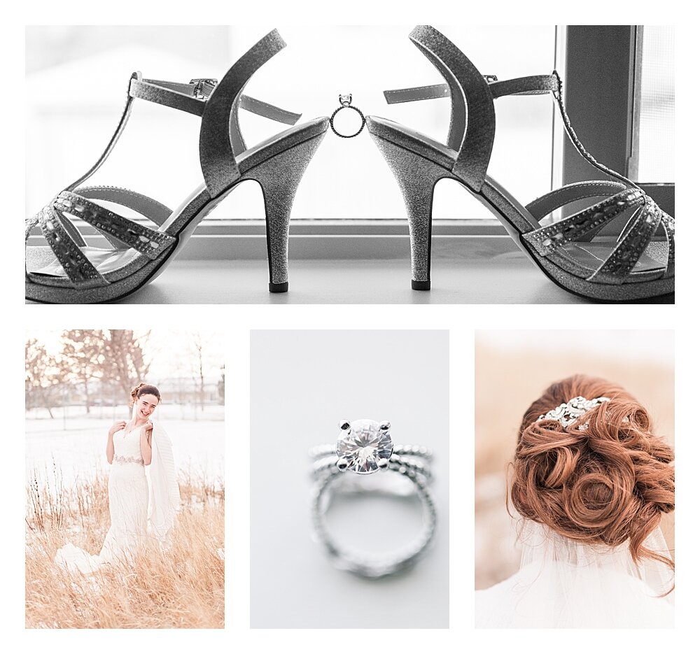 billings bridal winter session; wedding dress, wedding ring, bridal updo, wedding shoes