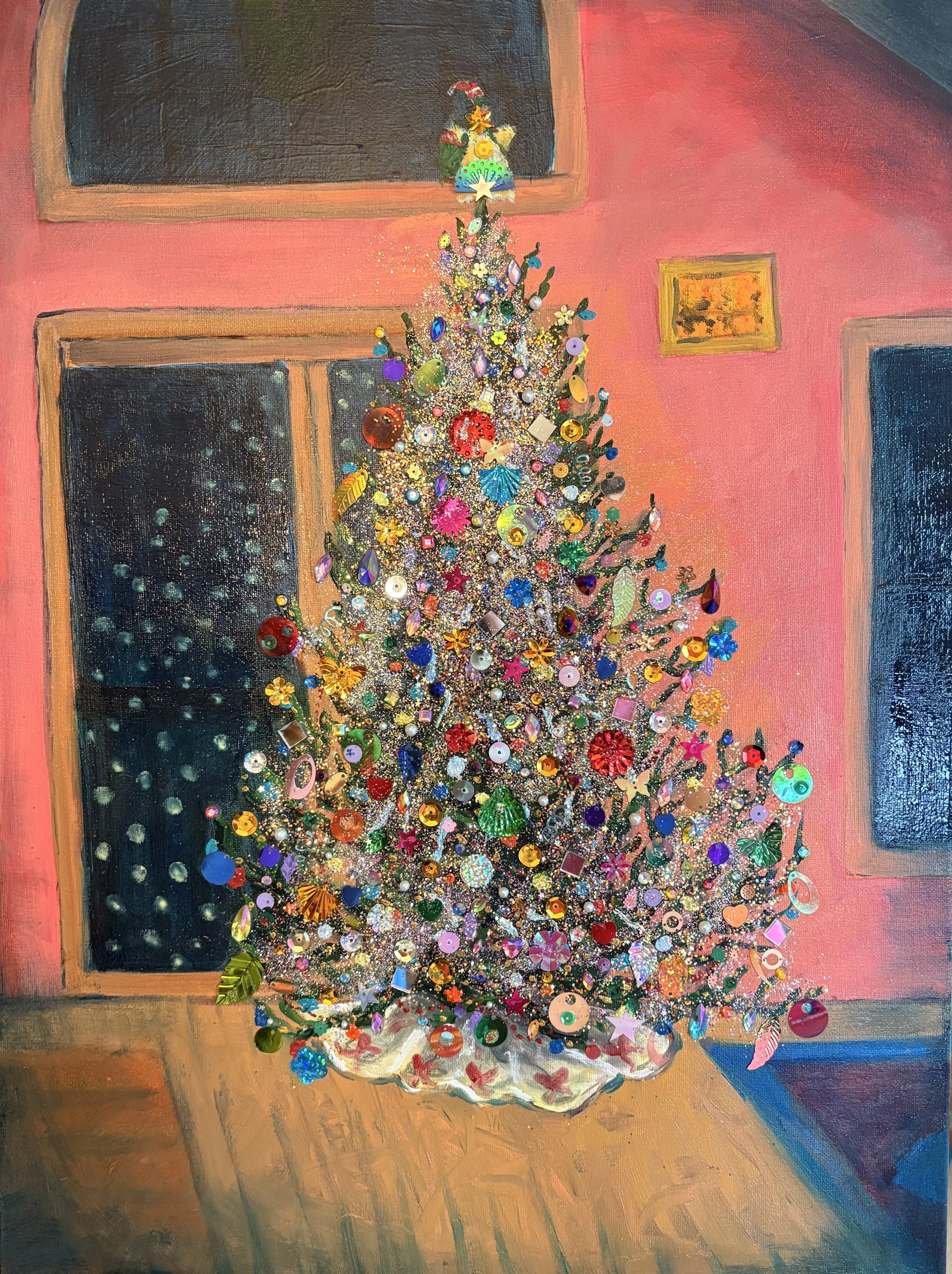  oil, glitter, sequin &amp; rhinestone, on canvas, 24×18in, 2025 