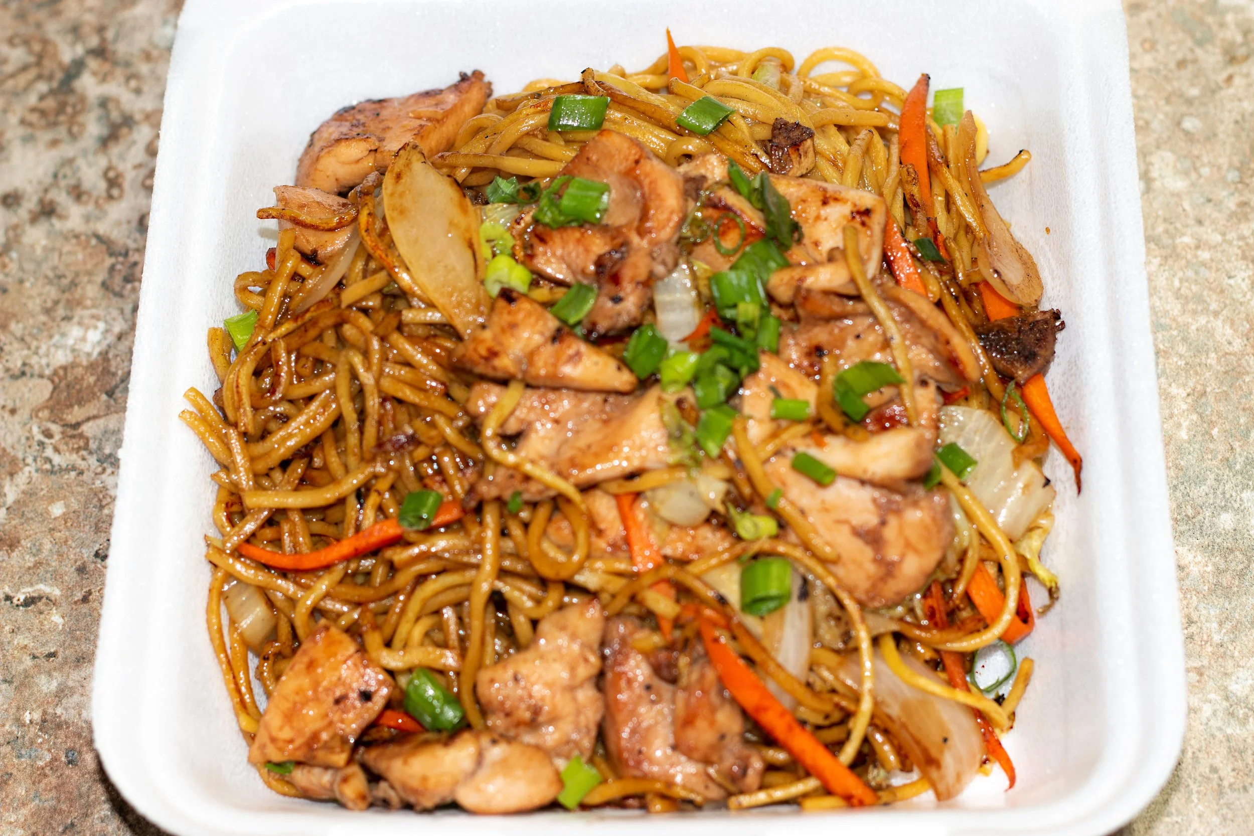 BBQ Chicken over Fried Noodles