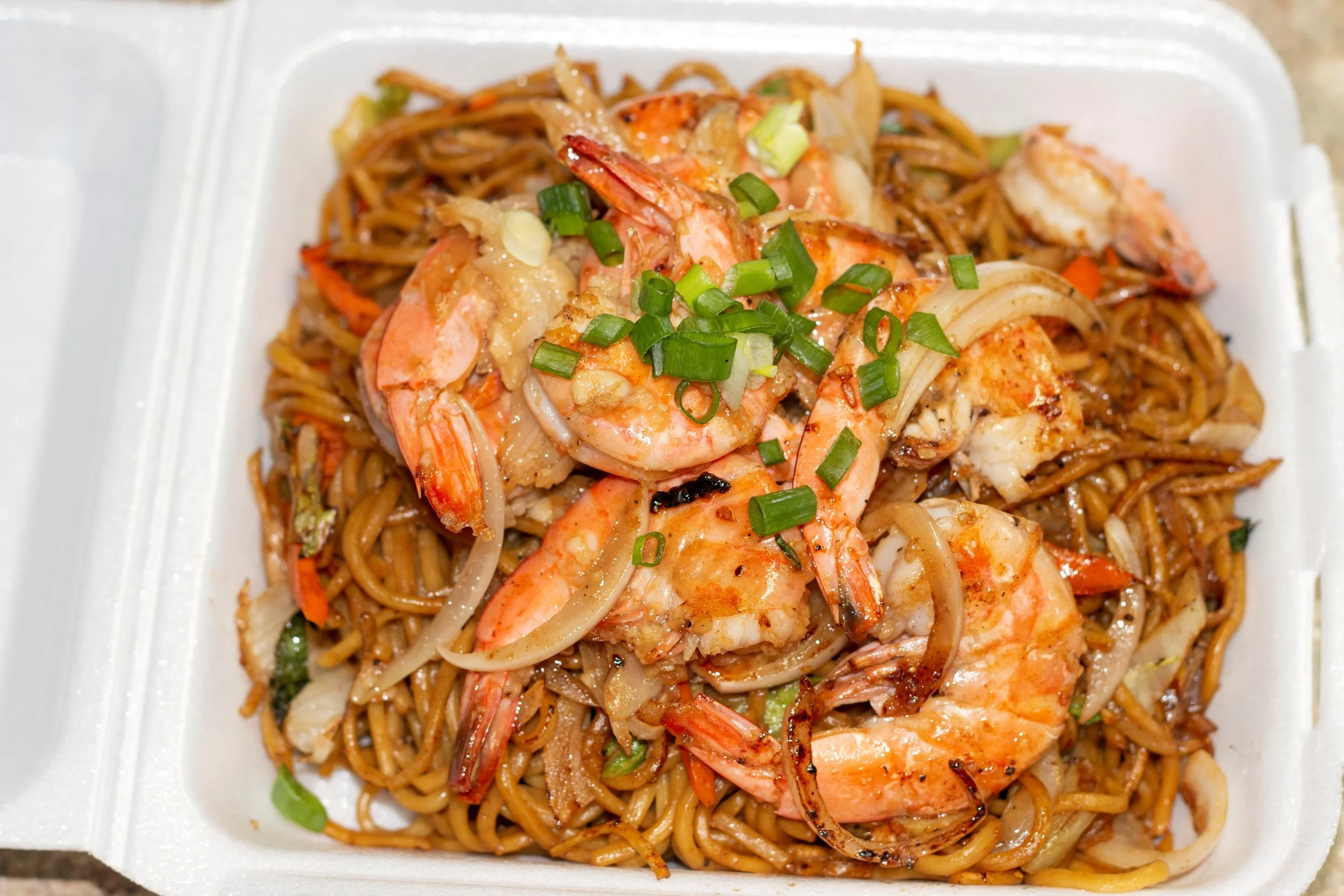 Garlic Shrimp over Fried Noodles
