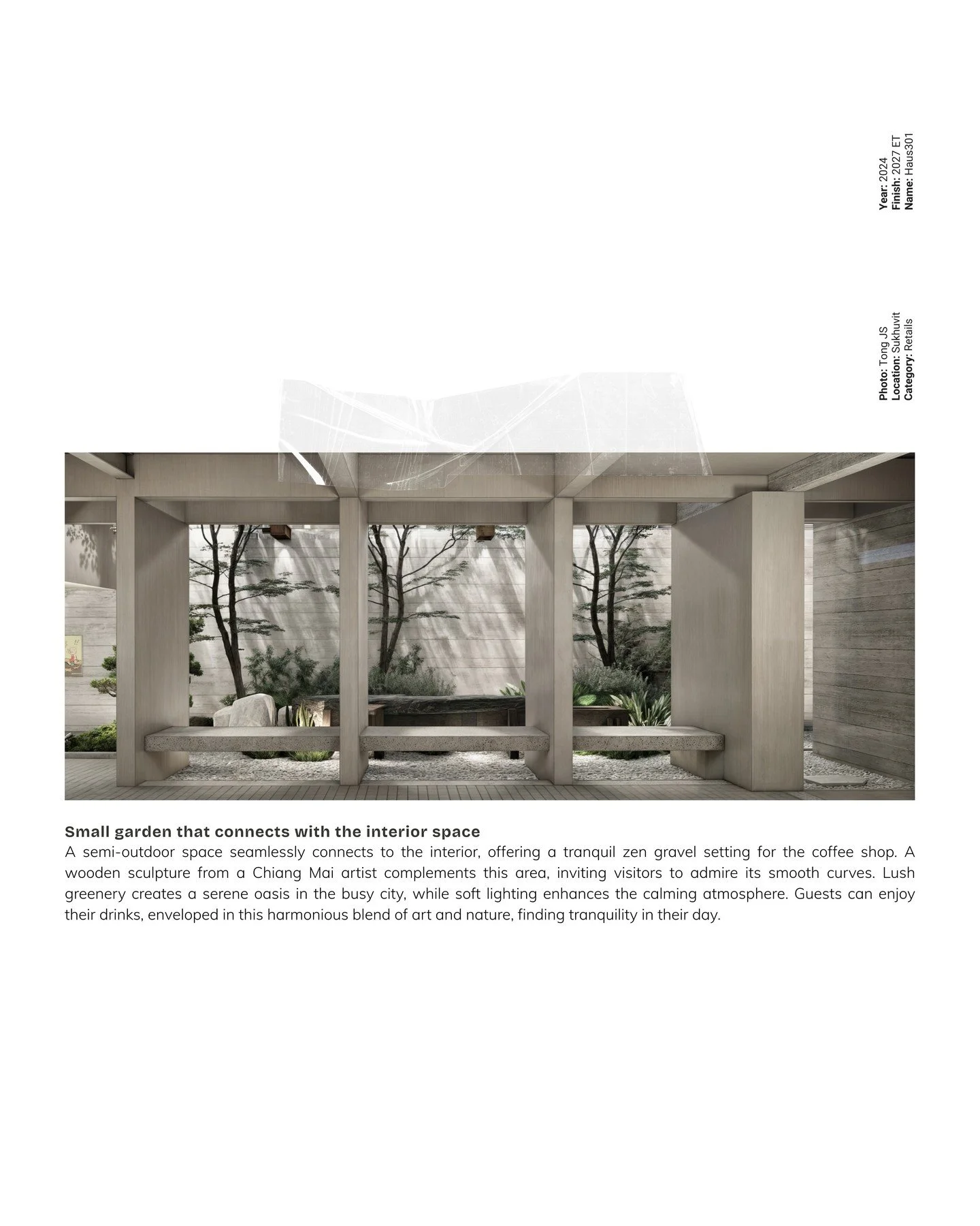A semi-outdoor space seamlessly connects to the interior, offering a tranquil, zen gravel setting for the coffee shop. A wooden sculpture from a Chiang Mai artist complements this area, inviting visitors to admire its smooth curves. Lush greenery cre