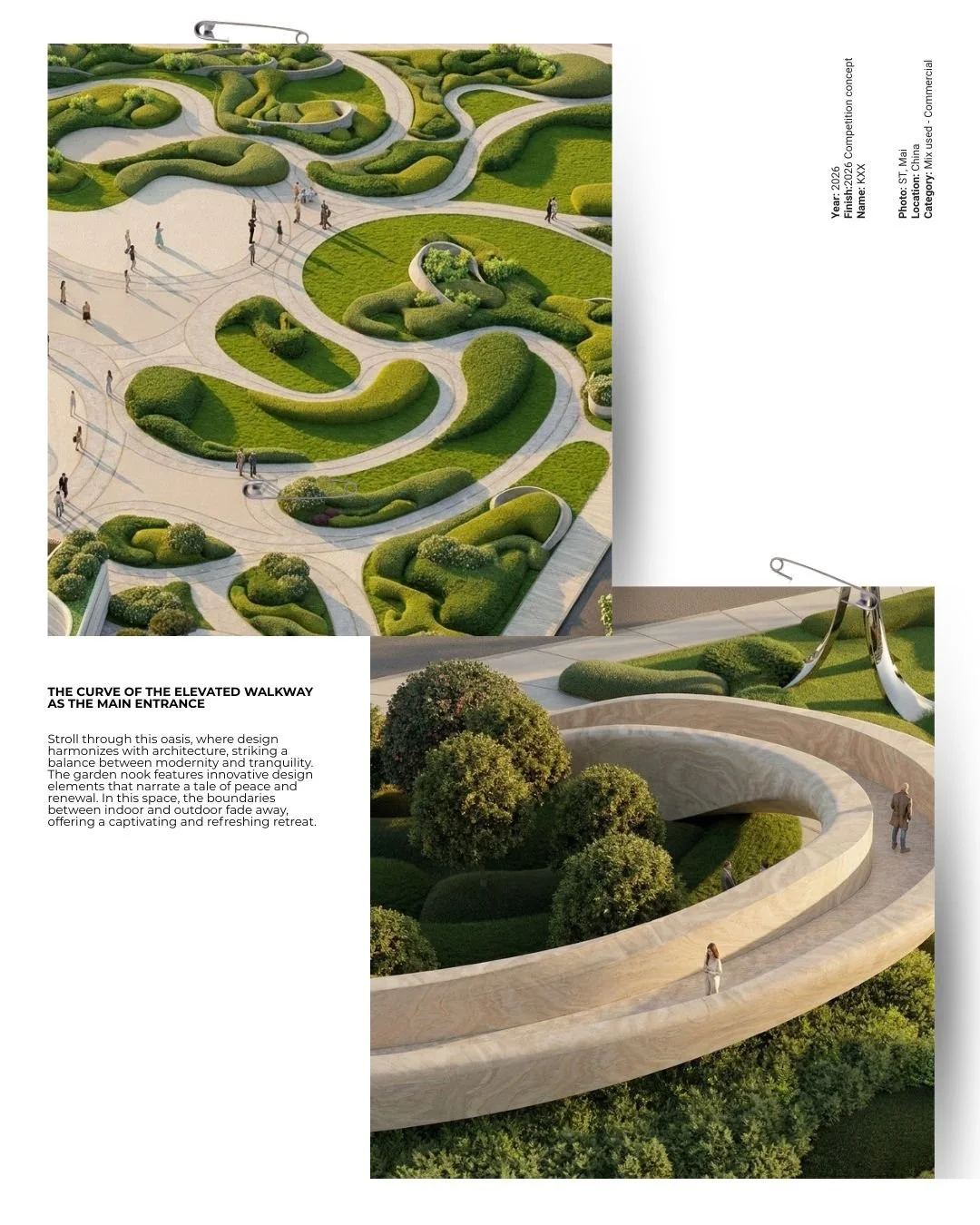 The curve of the Elevated Walkway as the Main Entrance

Stroll through this oasis, where design harmonizes with architecture, striking a balance between modernity and tranquility. The garden nook features innovative design elements that narrate a tal