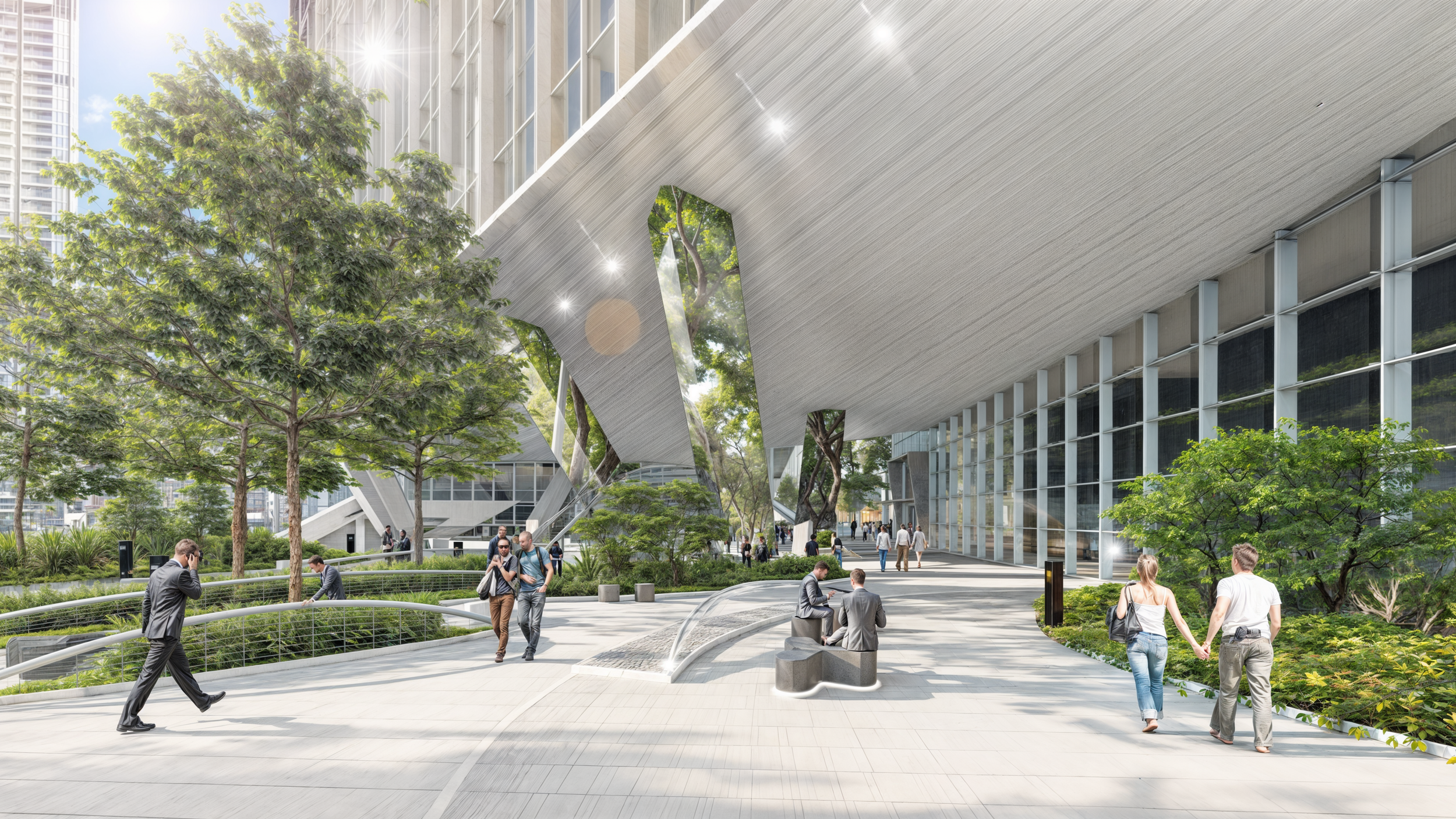 Modern urban outdoor space with trees, greenery, and people walking and sitting near a large building with glass windows and distinctive architectural features.