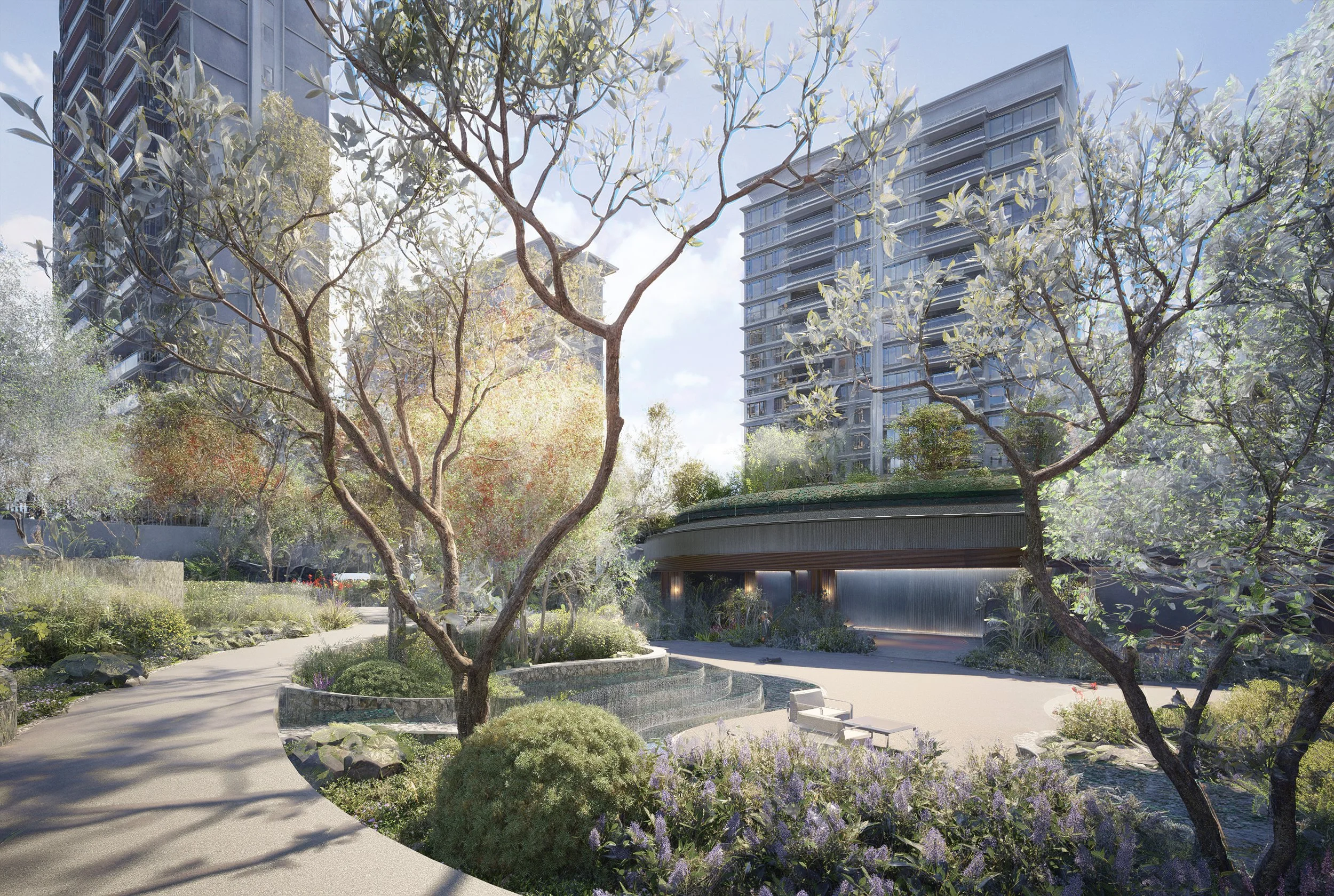 Modern urban garden with trees, pathway, and high-rise buildings in the background.