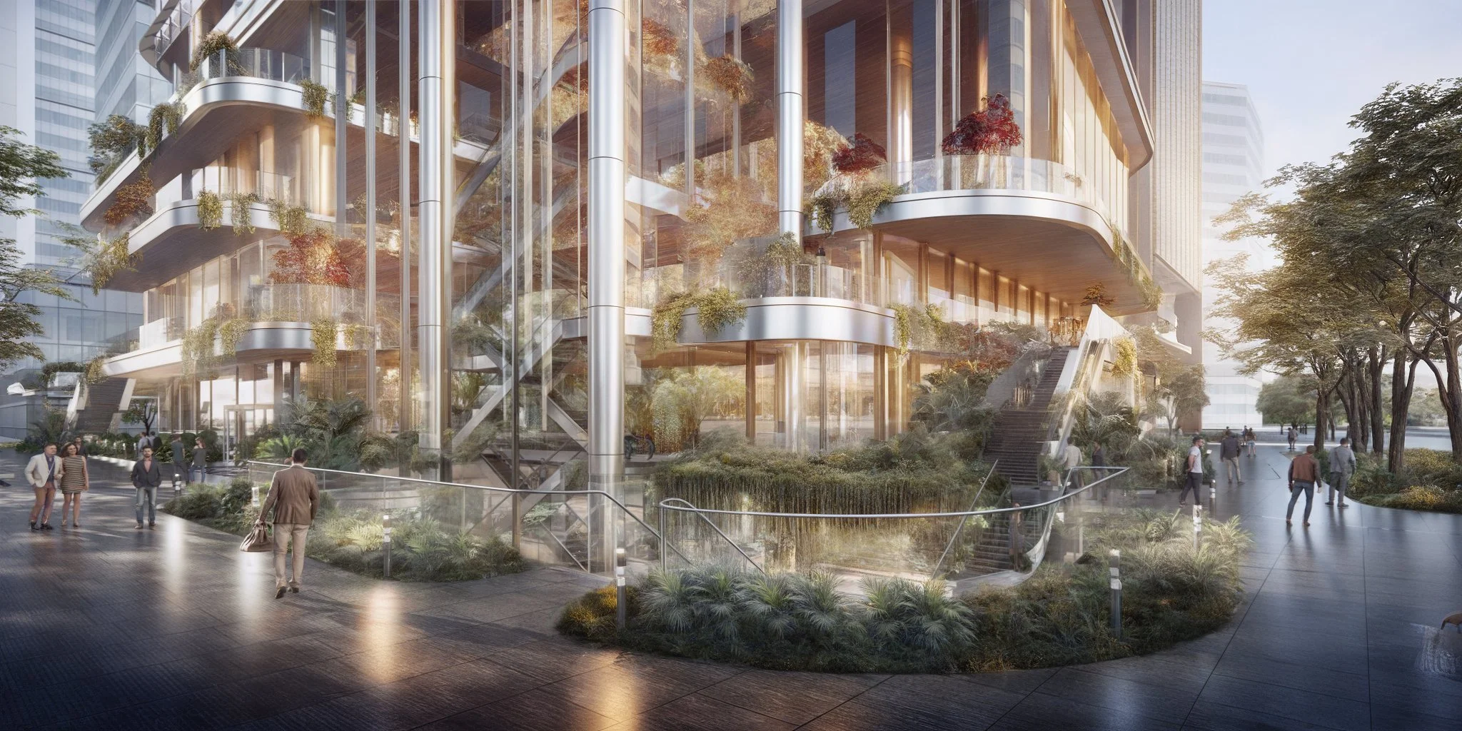 Modern high-rise office building with glass facade and outdoor landscaping, including trees and stairs.
