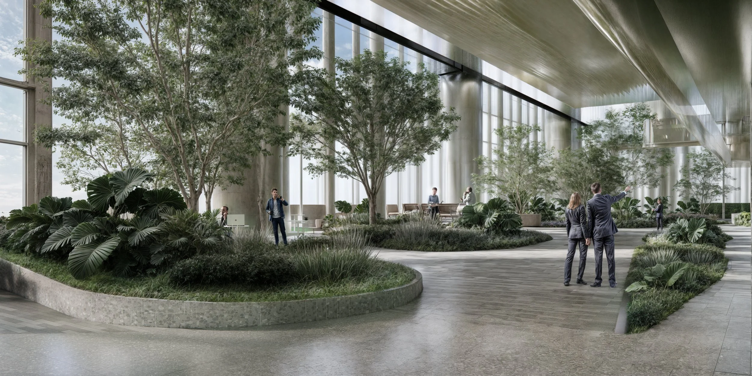 Modern indoor space with large trees, lush green plants, and people in business attire talking and working nearby.