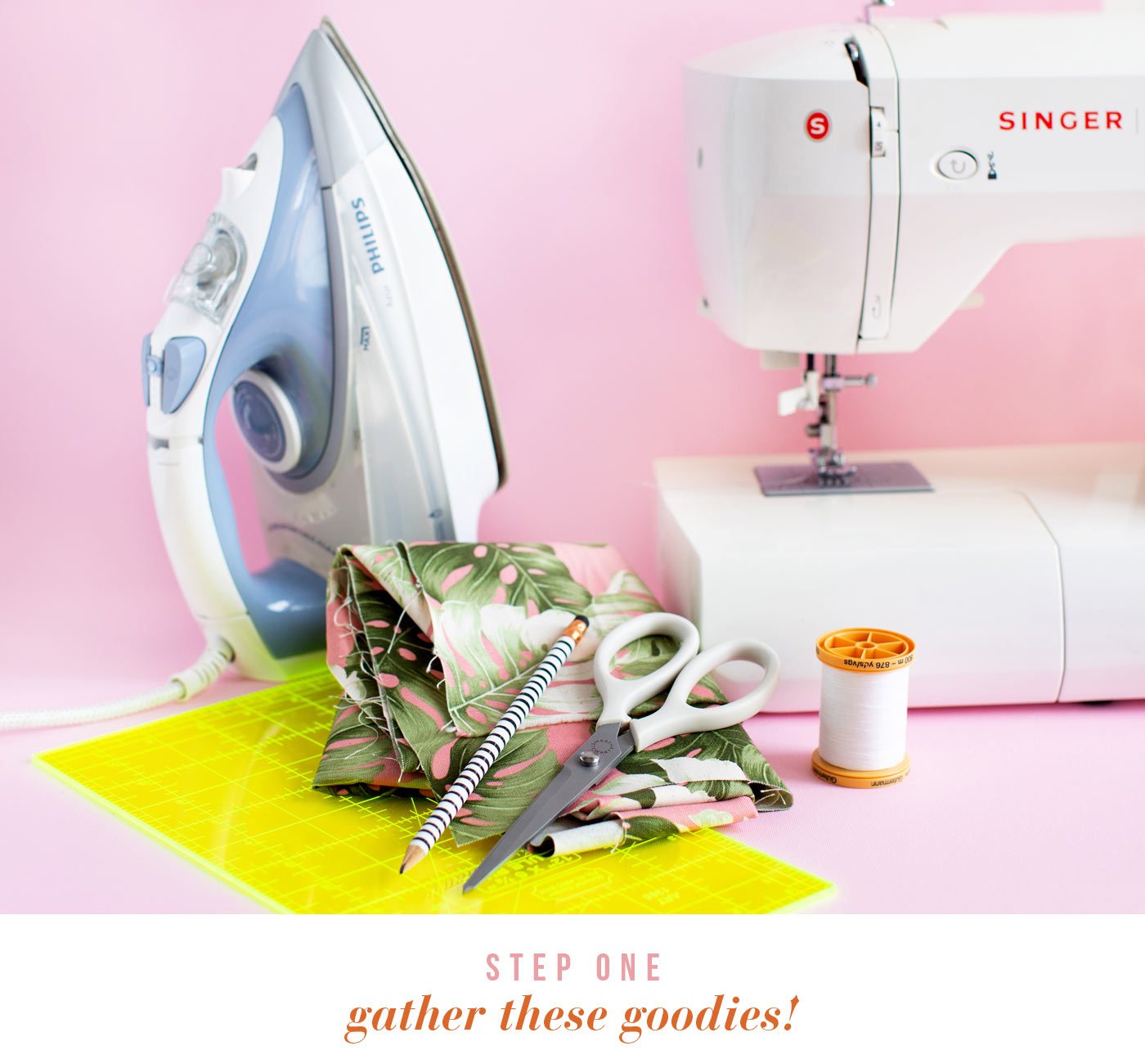 Gather these goodies! Sewing machine + thread (choose a fun colour), Iron, Ruler, Material scissors, Pencil, Material (in your favourite print)