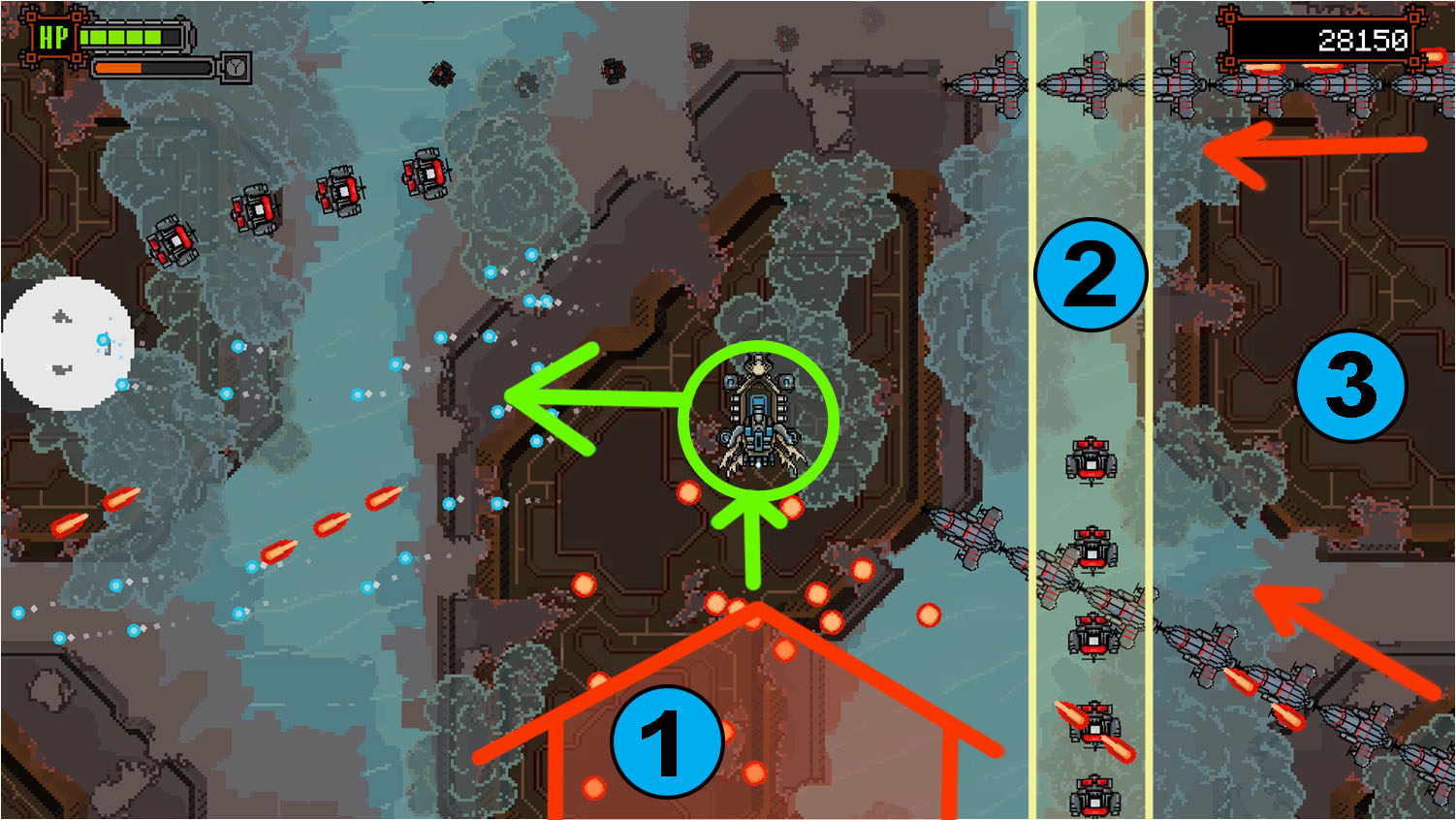 Threats and blocking makes the player more likely to move up and to the left