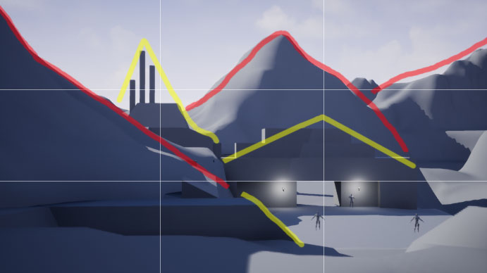First block-out start area view. Landscape outlines in red. Building outlines in Yellow