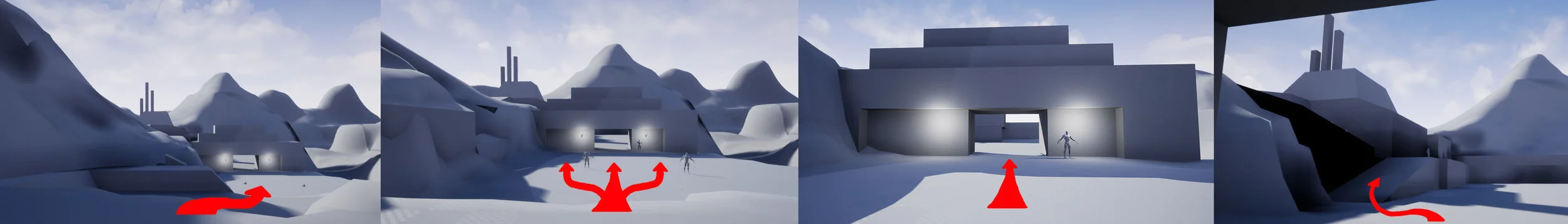 Feeling of shapes in First player view from start position to passing first building in a early iteration. Trying the blockout made me relize more iterations was needed