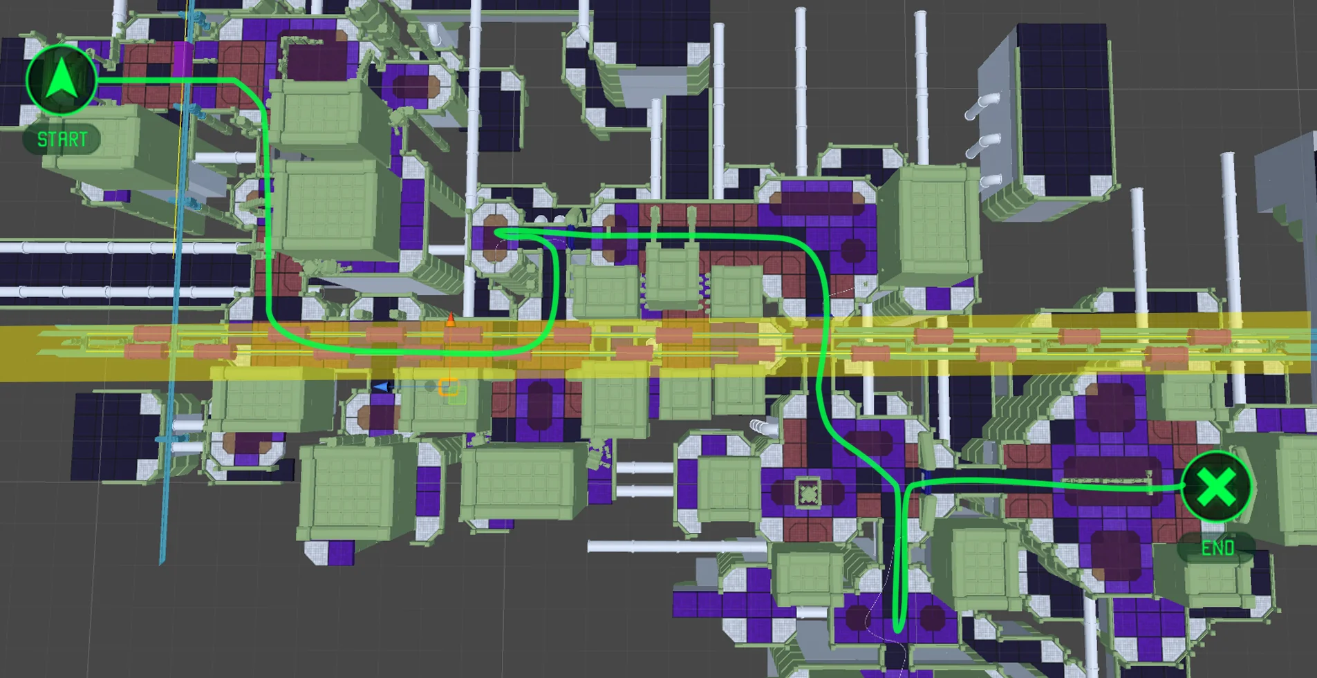 The subway tracks go over the length of the level sometimes intersecting with the player path