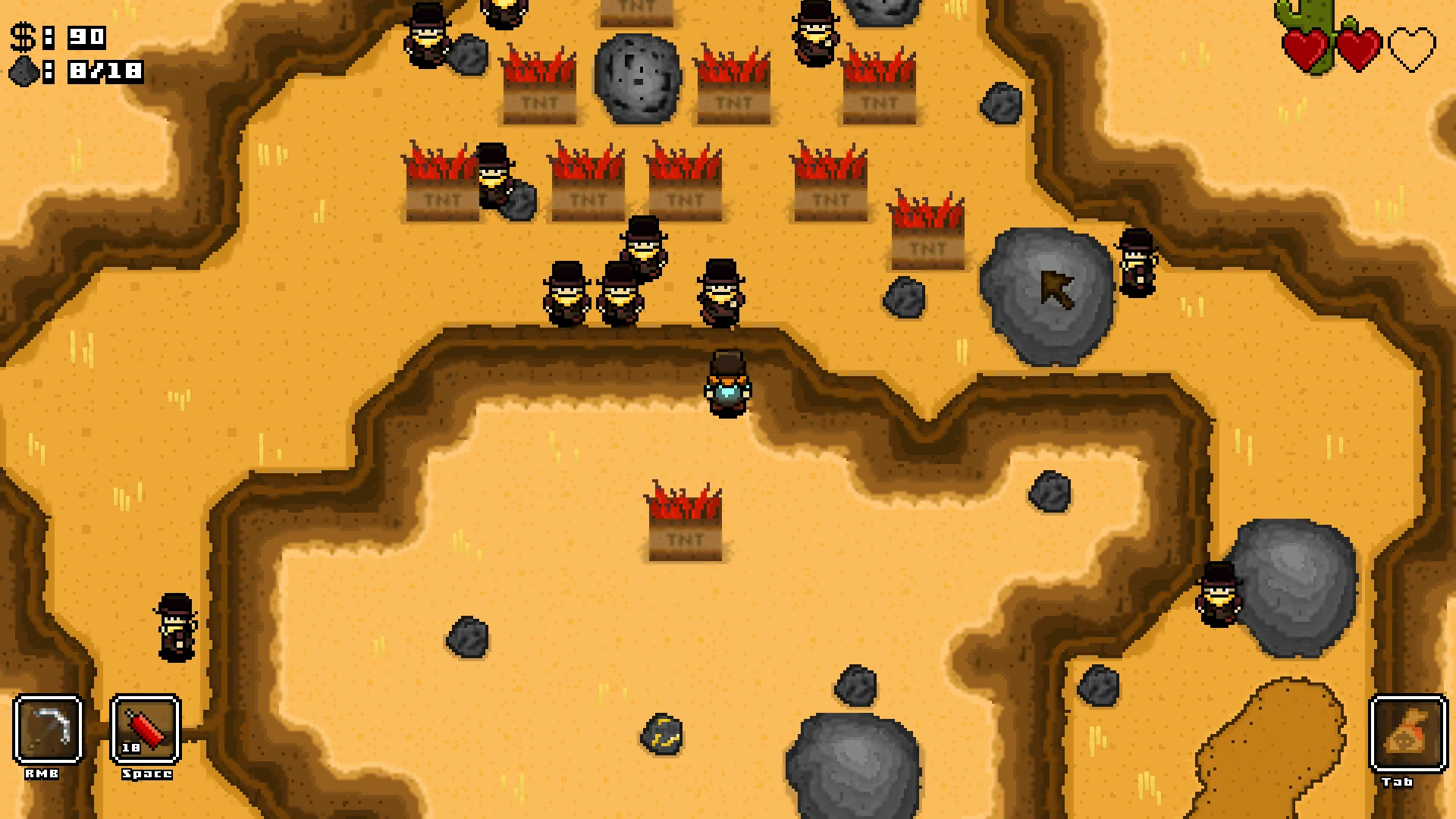 Enemies with no way to reach the player and a conveniently placed crate of dynamite up on the ledge
