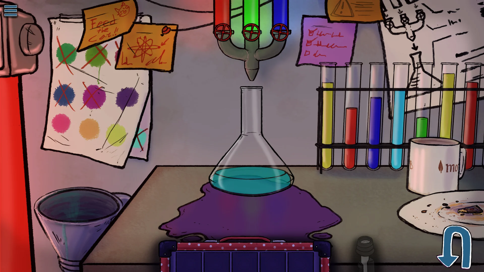 The first puzzle I made was based on color. In order to mix Red green and blue the player should match up the spill liquid on the table with the one in the flask.