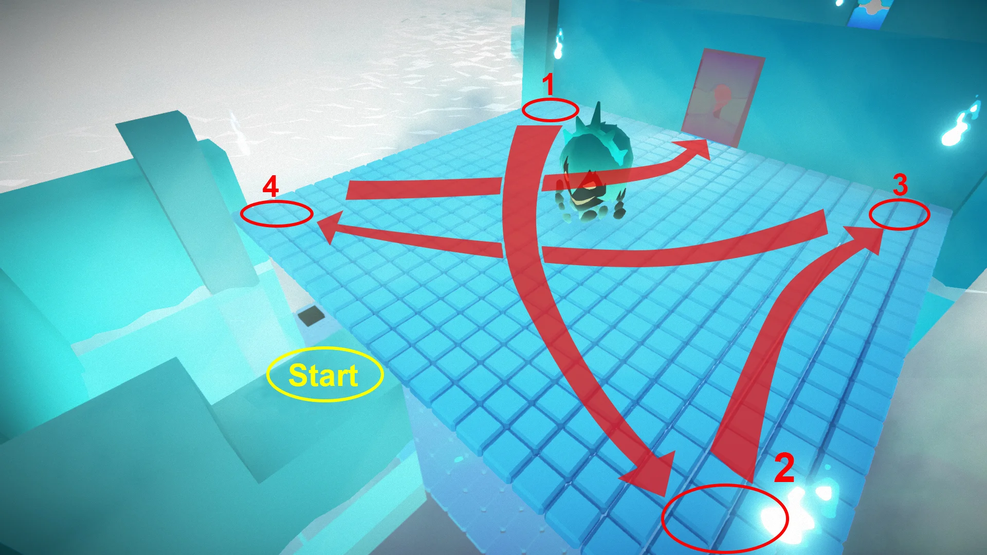 The first boss was designed with a 4 phase structure using a open area layout. The player needed activate all four corners while the floor withered away