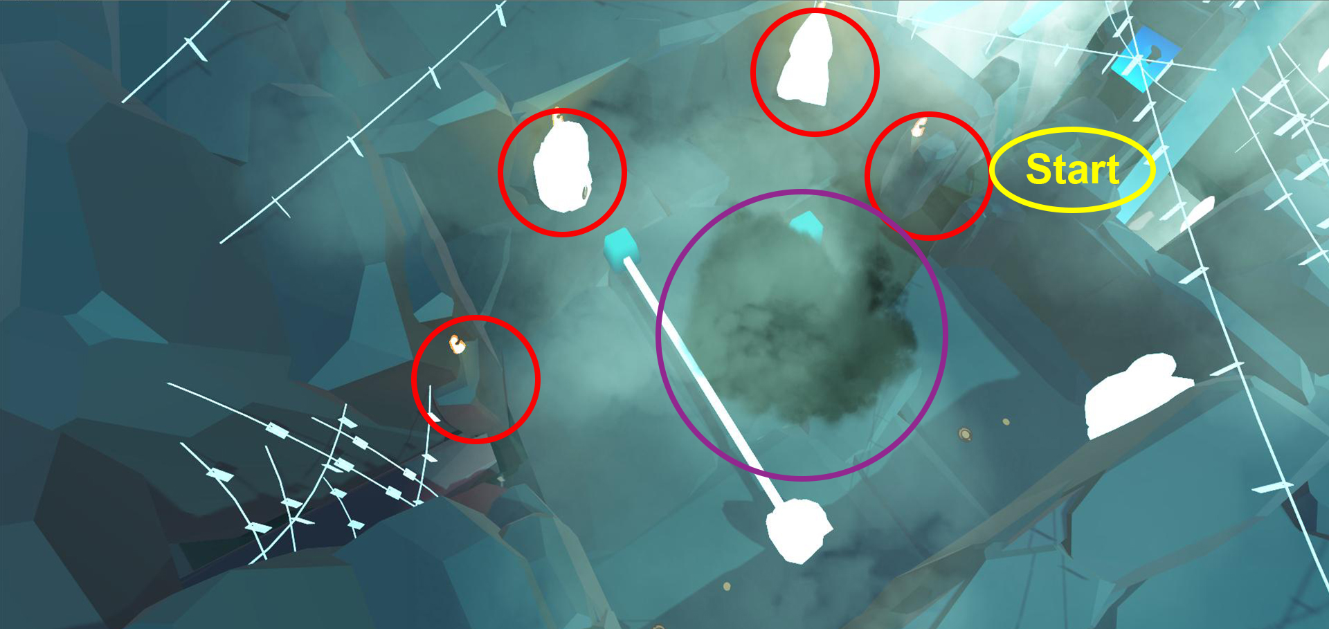 The arena for the second boss used a open layout. The boss (Dark cloud in Purple circle) hunts the player making movement harder. The player needs to redirect the light beam on the pillars to form a light prison.