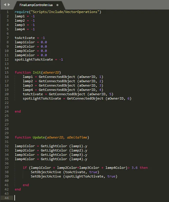 Example of LUA scripting made for the end fight. It checks if the player has activated lamps and if all lamps are active the script activates the exit elevator