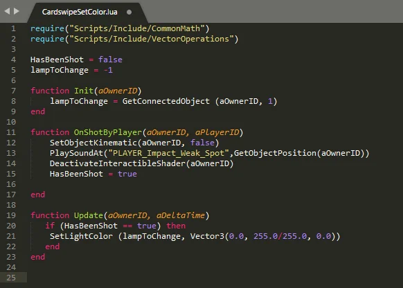 Example of LUA scripting: Shooting certain objects making light to change color