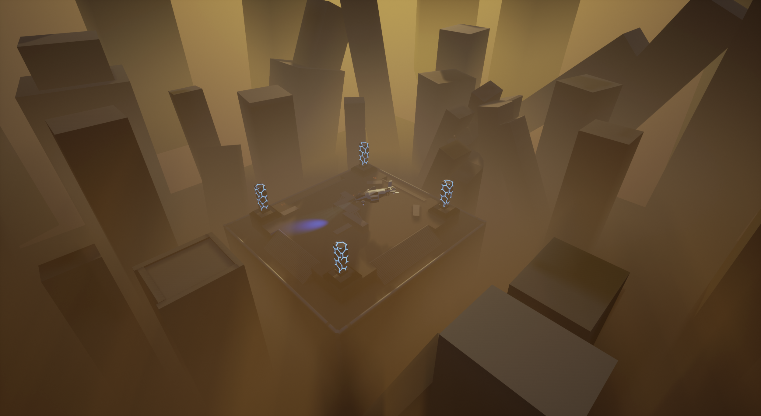 Overview of the game area. Four objectives to defend and a fairly open space.