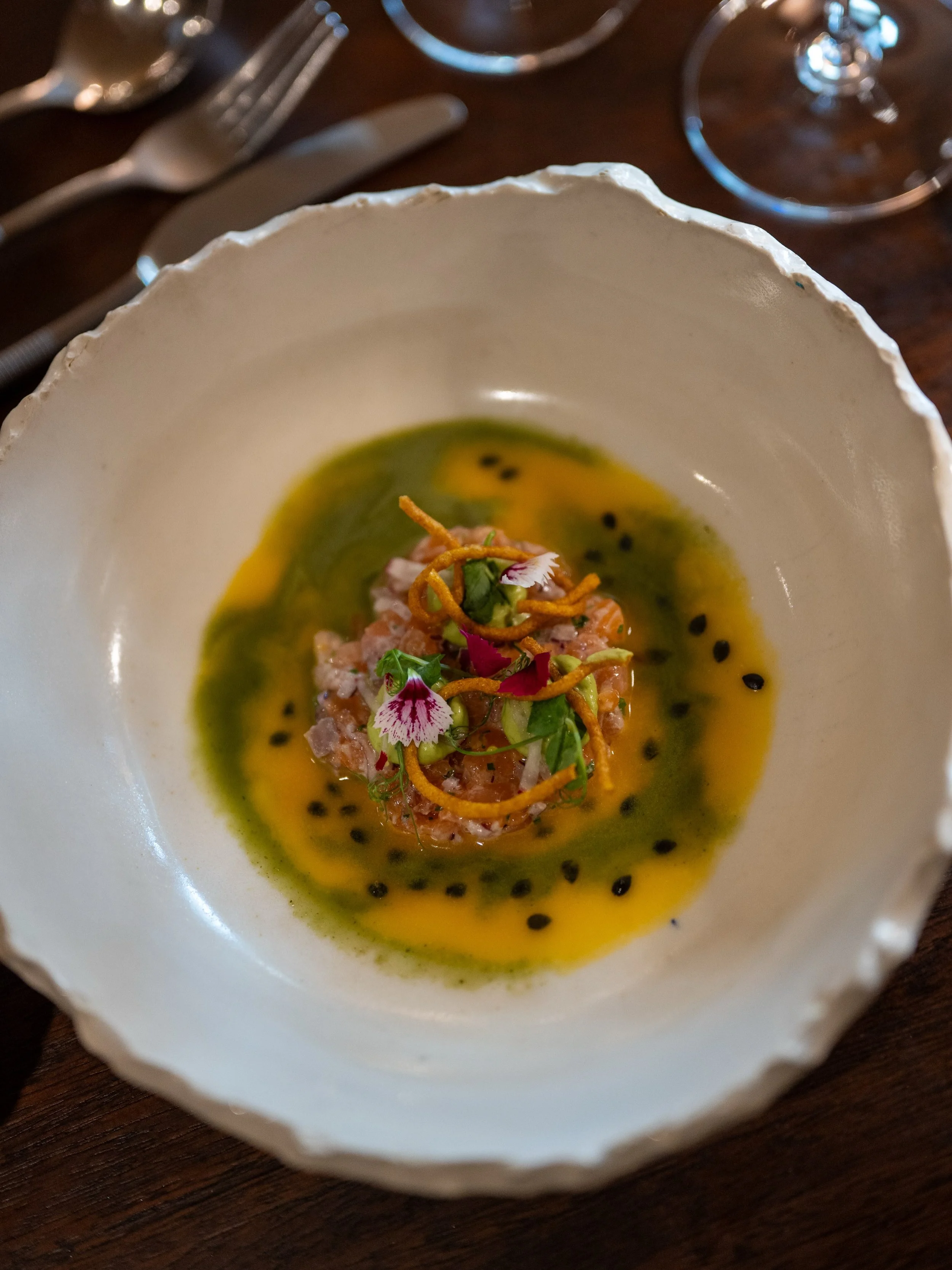 Norwegian Salmon Crudo, passionfruit spring onion laksa, Natal avo paired with Cederberg Sauvignon Blanc and Ghost Corner Sauvignon Blanc.

Proof that terroir influences the distinct taste and character of wine as both wines use the same grape but ea