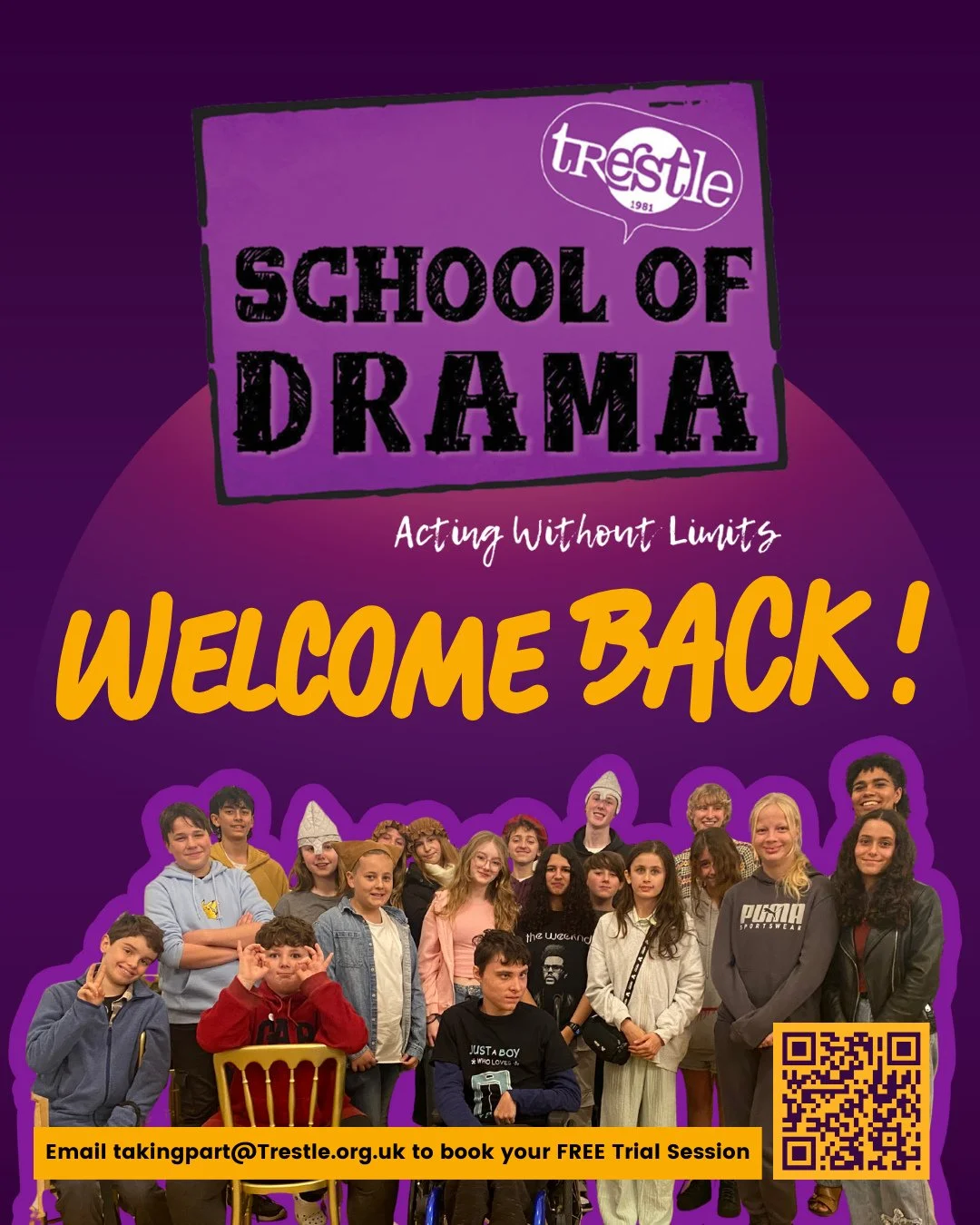 Welcome Back to Trestle School of Drama! 🎭⁠
⁠
Our new term starts on 16th September and we're excited to welcome back our amazing members - plus meet some new faces!⁠
⁠
Whether you're 4 or 18, there's a space for you at Trestle. With over 40 years o