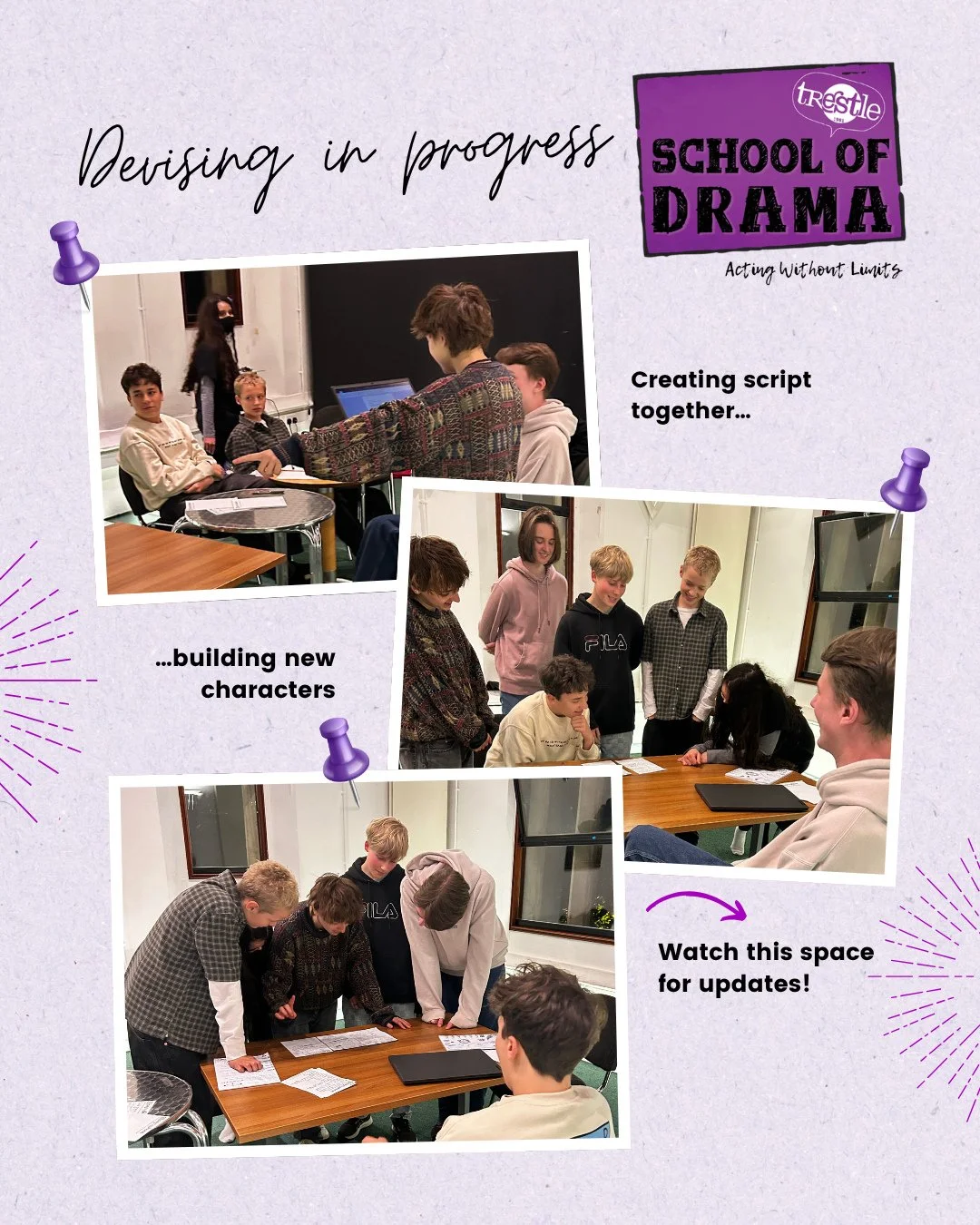 Exciting things are happening at Trestle School of Drama!
Our #Advance class are deep into their devising term, crafting a brand-new script from the ground up.
Watch this space for updates on their original work! 
#TrestleSchoolOfDrama #Devi
