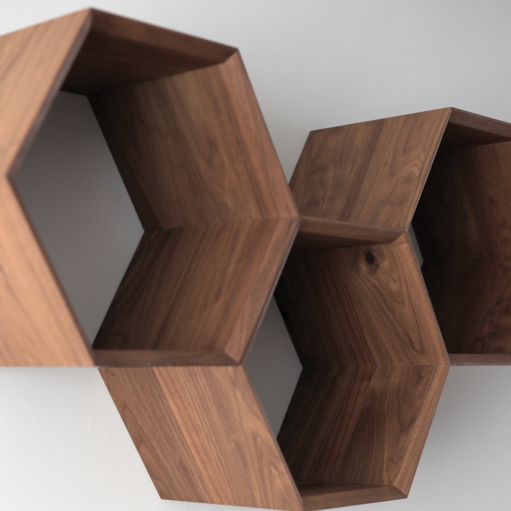 Hexagonal modular shelving handmade in solid walnut wood