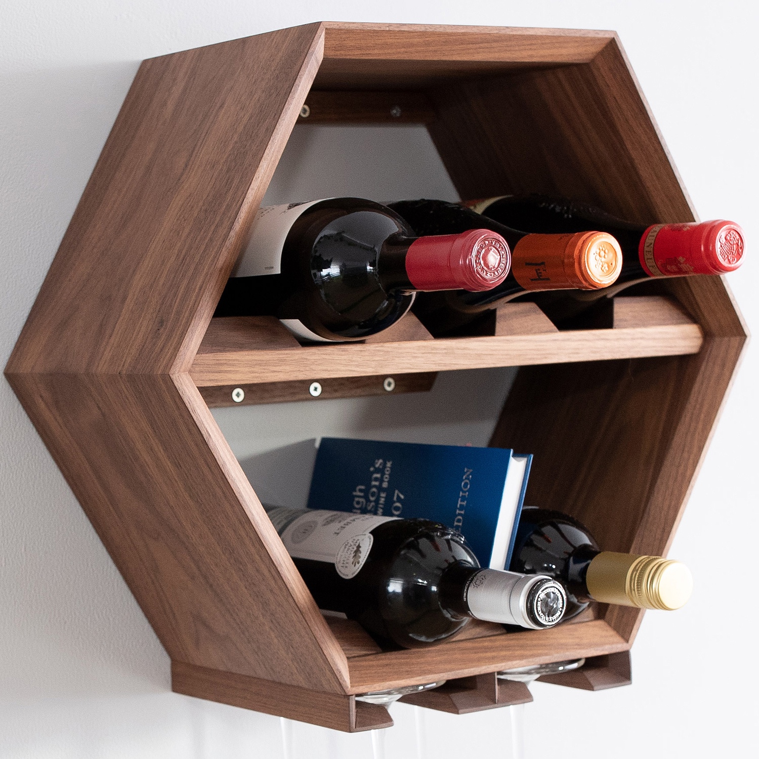 Hexagon shaped wine rack made in solid walnut wood.  Holding 5 bottles of wine. 