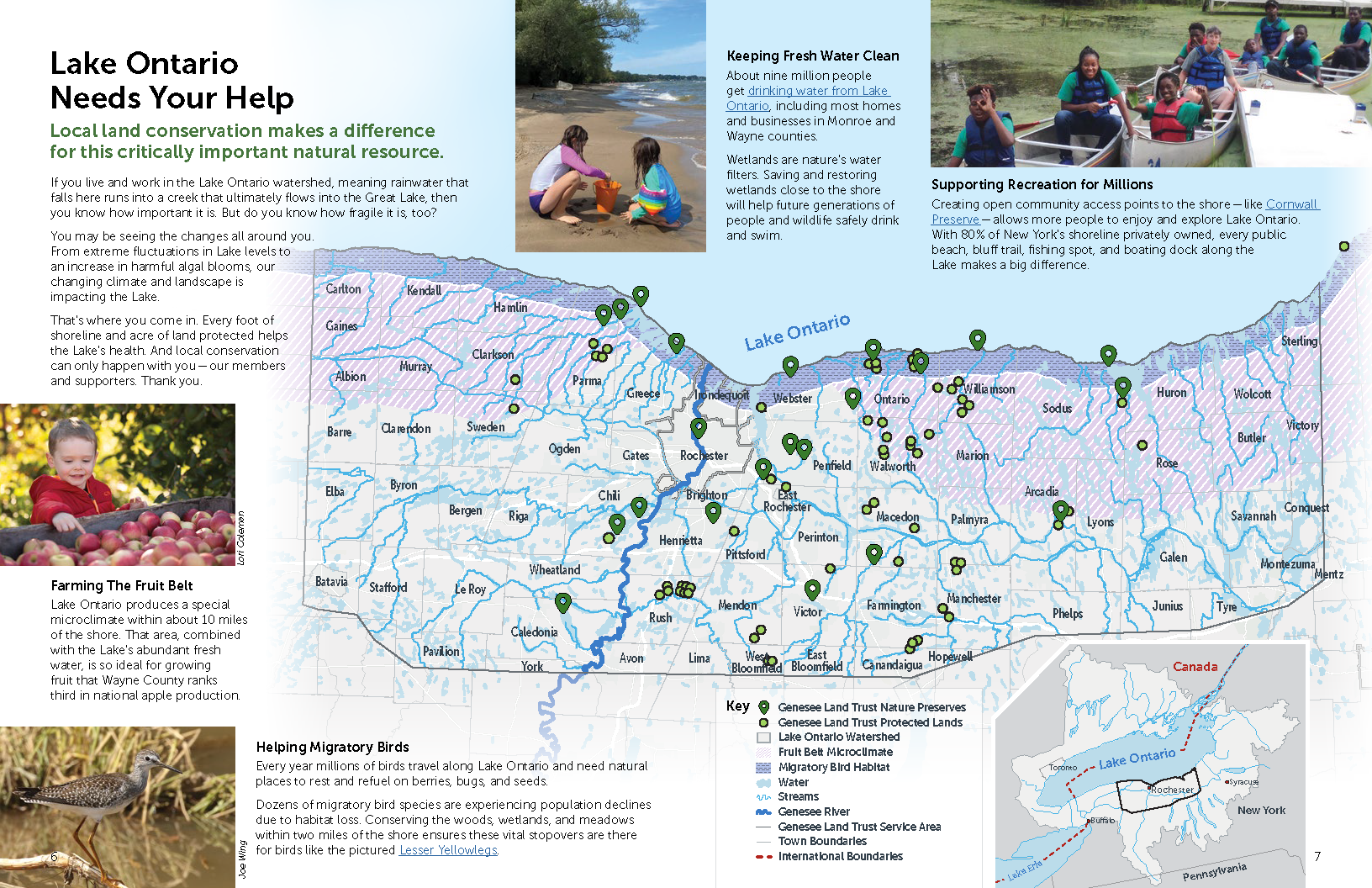 A map of our service area along Lake Ontario with areas indicating migratory bird habitat, the fruit belt, and protected lands. It is surrounded by 4 images and brief explanations.