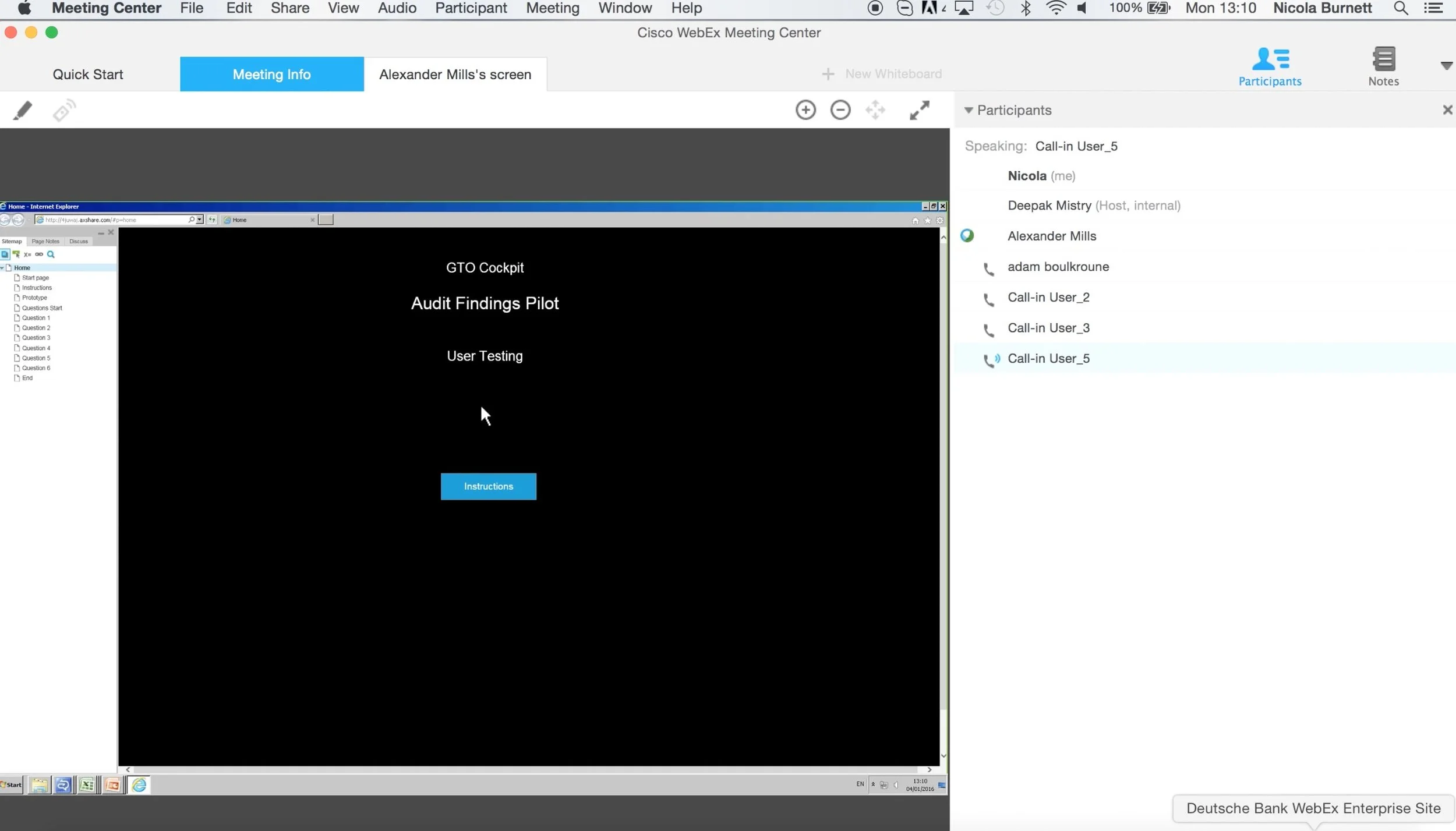 Testing with a live prototype via WebEx
