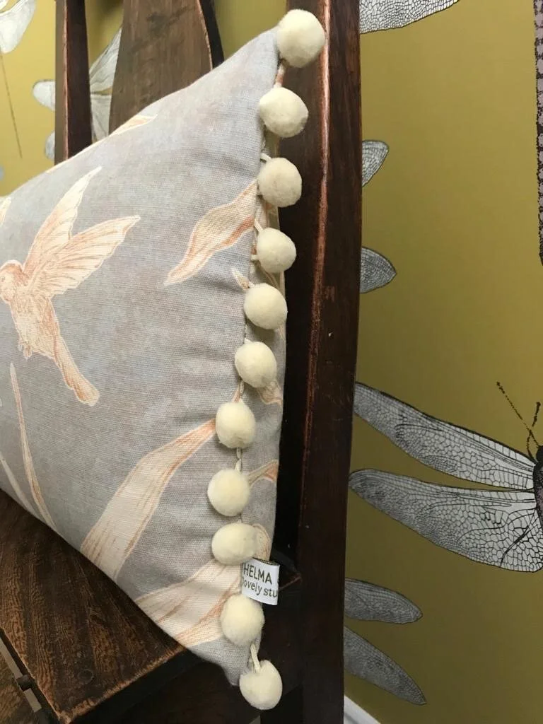 Lewis &amp; Woods Squawk Grey Gold botanical print luxury feather filled rectangle cushion with pompoms (Copy)