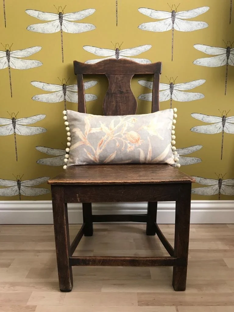 Lewis &amp; Woods Squawk Grey Gold botanical print luxury feather filled rectangle cushion with pompoms (Copy)