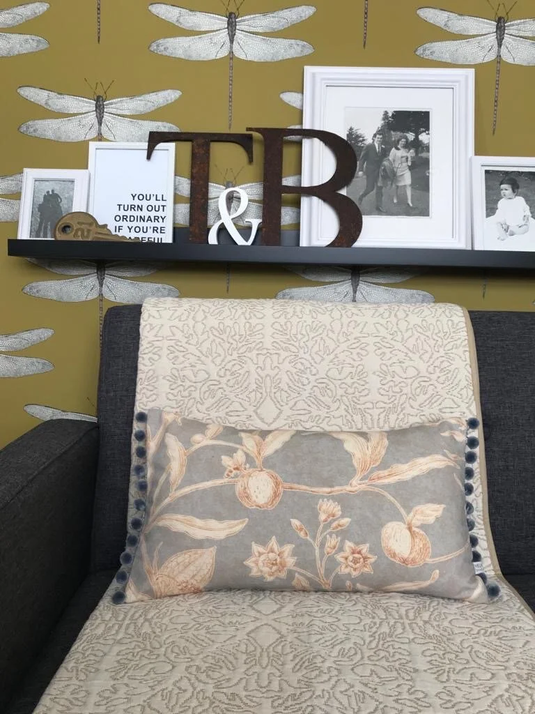 Lewis &amp; Woods Squawk Grey Gold botanical print luxury feather filled rectangle cushion with pompoms