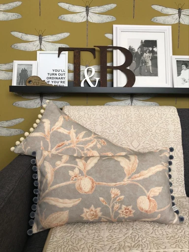 Lewis &amp; Woods Squawk Grey Gold botanical print luxury feather filled rectangle cushion with pompoms (Copy)