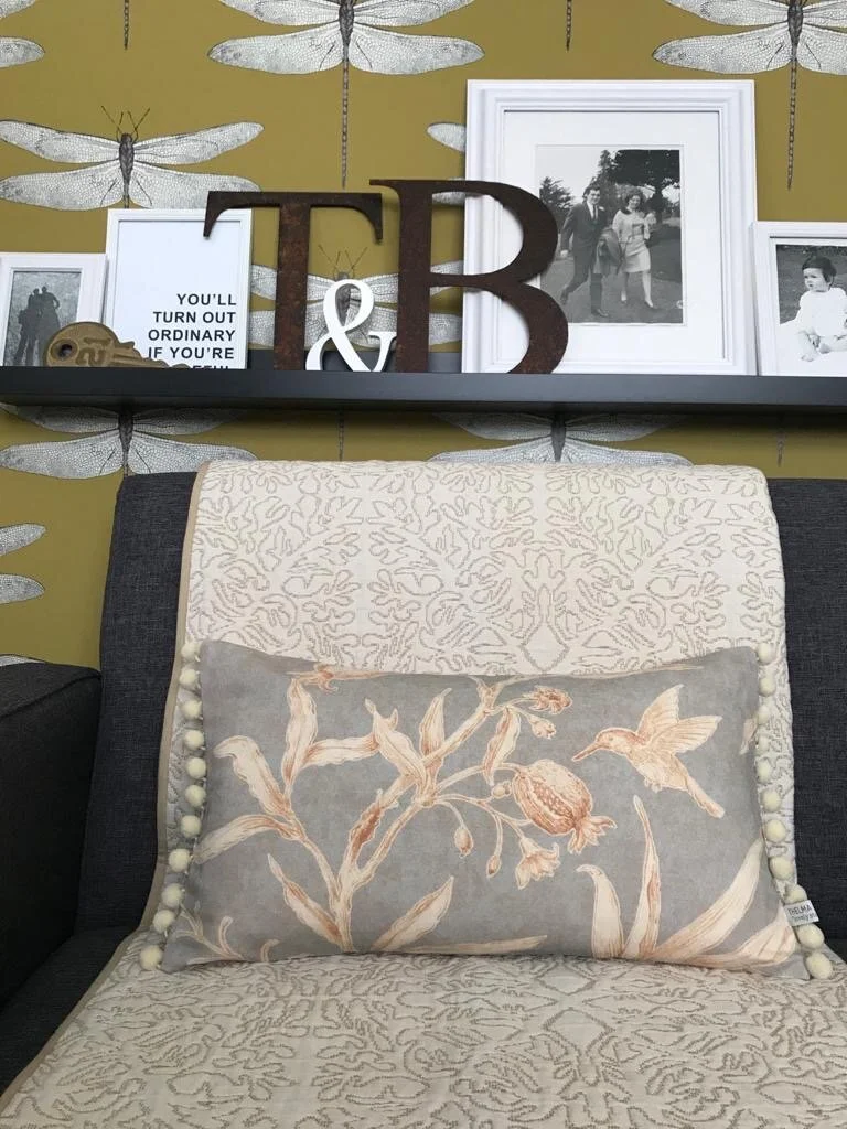 Lewis &amp; Woods Squawk Grey Gold botanical print luxury feather filled rectangle cushion with pompoms (Copy)