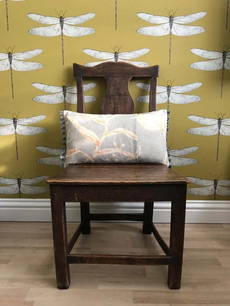 Lewis &amp; Woods Squawk botanical print luxury feather filled rectangle cushion with pompoms