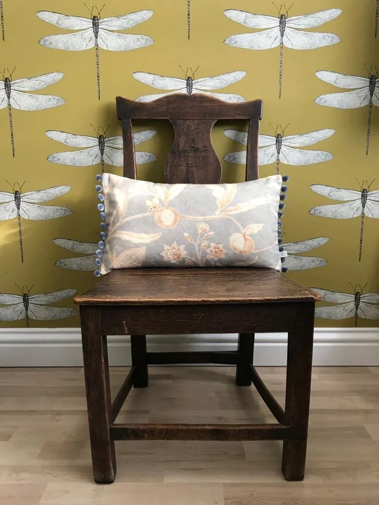 Lewis &amp; Woods Squawk Grey Gold botanical print luxury feather filled rectangle cushion with pompoms