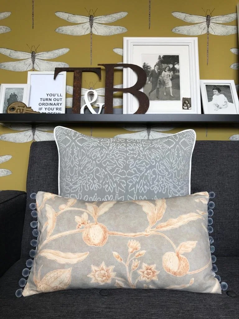 Lewis &amp; Woods Squawk Grey Gold botanical print luxury feather filled rectangle cushion with pompoms (Copy)