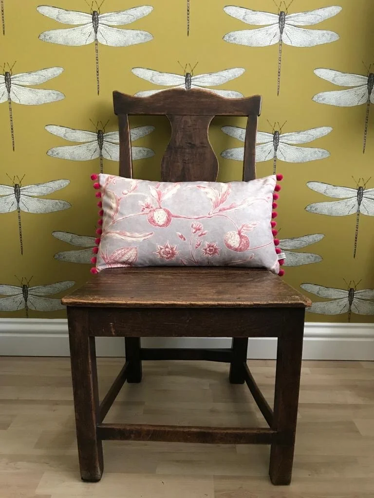 Lewis &amp; Woods Squawk Parma Pink handmade botanical print luxury feather filled rectangle cushion with pompoms...READY MADE.