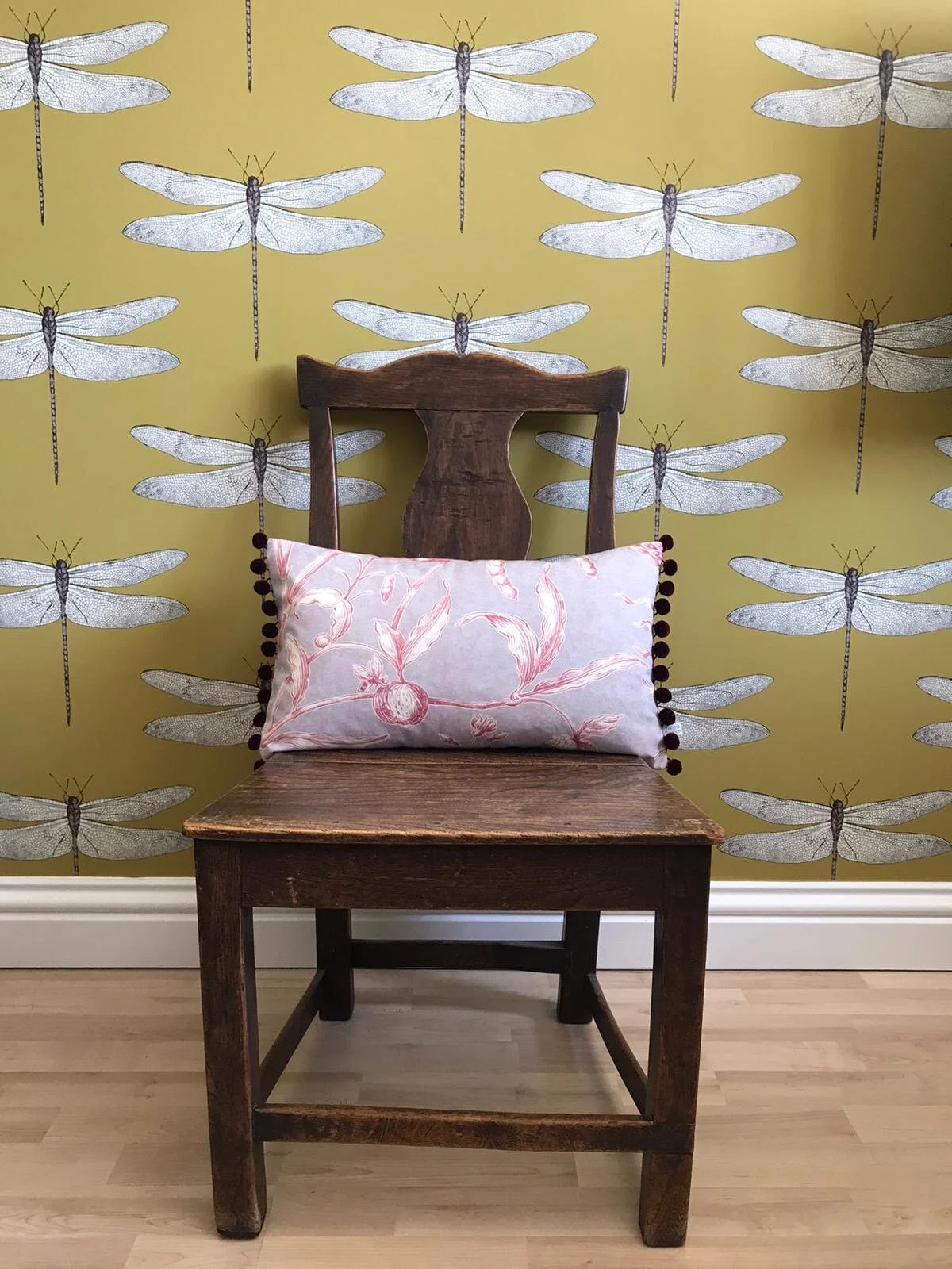 Handmade Lewis &amp; Woods Squawk botanical print luxury feather filled  50cm x 30cm rectangle cushion  with burgundy pompoms