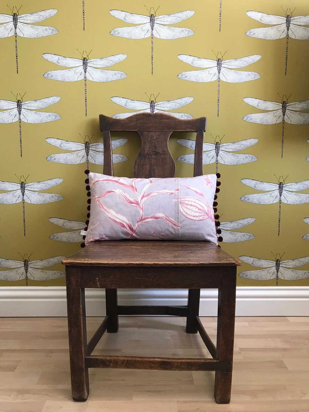 Handmade Lewis &amp; Woods Squawk botanical print luxury feather filled  50cm x 30cm rectangle cushion  with burgundy pompoms