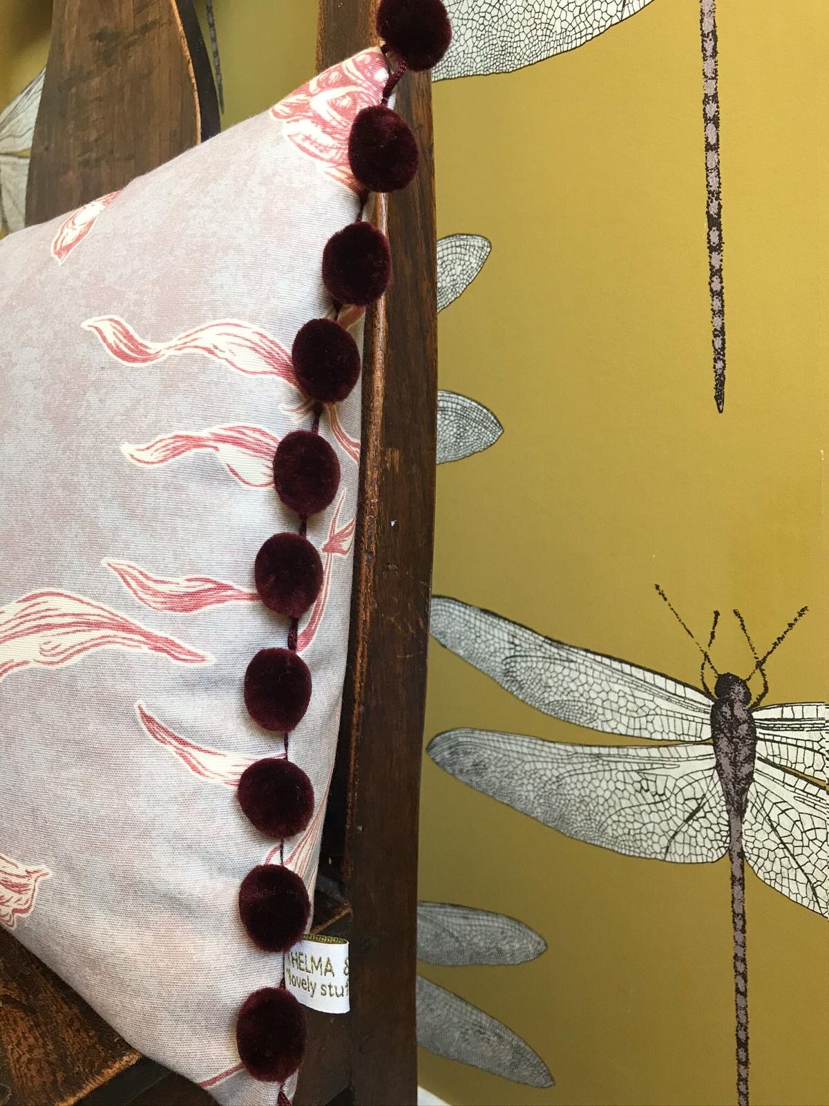 Handmade Lewis &amp; Woods Squawk botanical print luxury feather filled  50cm x 30cm rectangle cushion  with burgundy pompoms