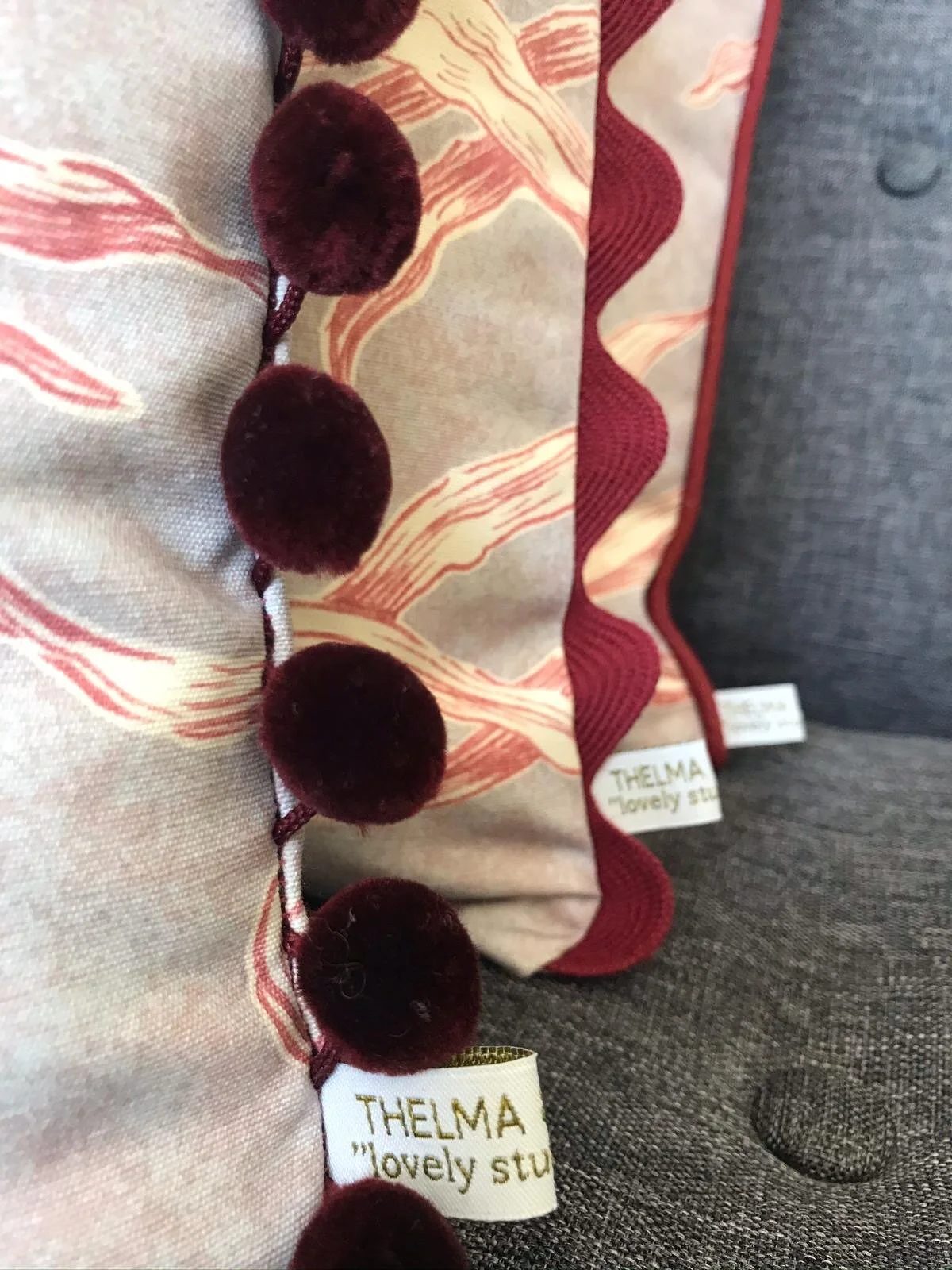 Handmade Lewis &amp; Woods Squawk botanical print luxury feather filled  50cm x 30cm rectangle cushion  with burgundy pompoms