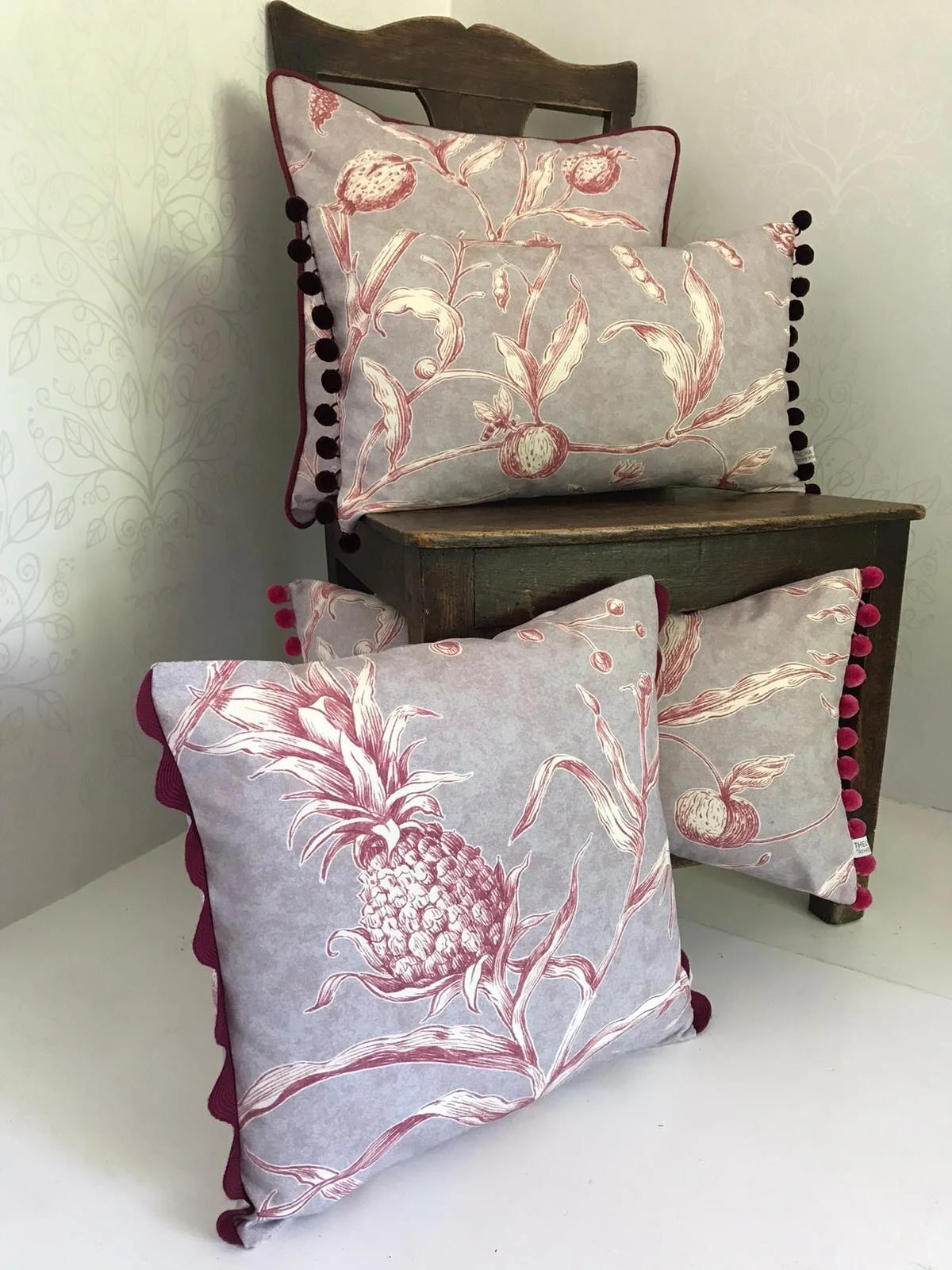 Handmade Lewis &amp; Woods Squawk botanical print luxury feather filled  50cm x 30cm rectangle cushion  with burgundy pompoms