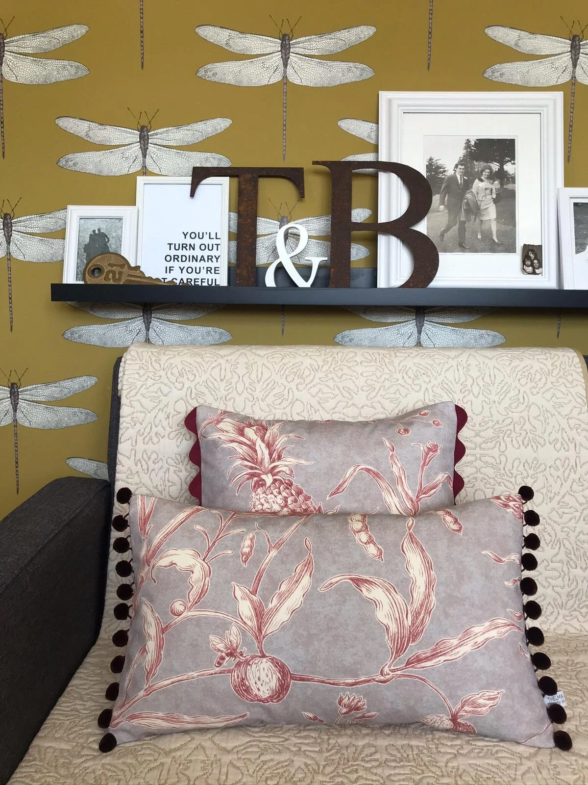 Handmade Lewis &amp; Woods Squawk botanical print luxury feather filled  50cm x 30cm rectangle cushion  with burgundy pompoms