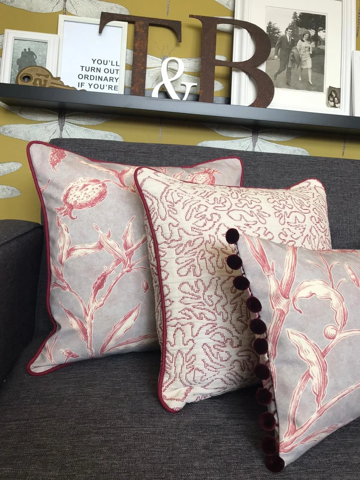 Handmade Lewis &amp; Woods Squawk botanical print luxury feather filled  50cm x 30cm rectangle cushion  with burgundy pompoms