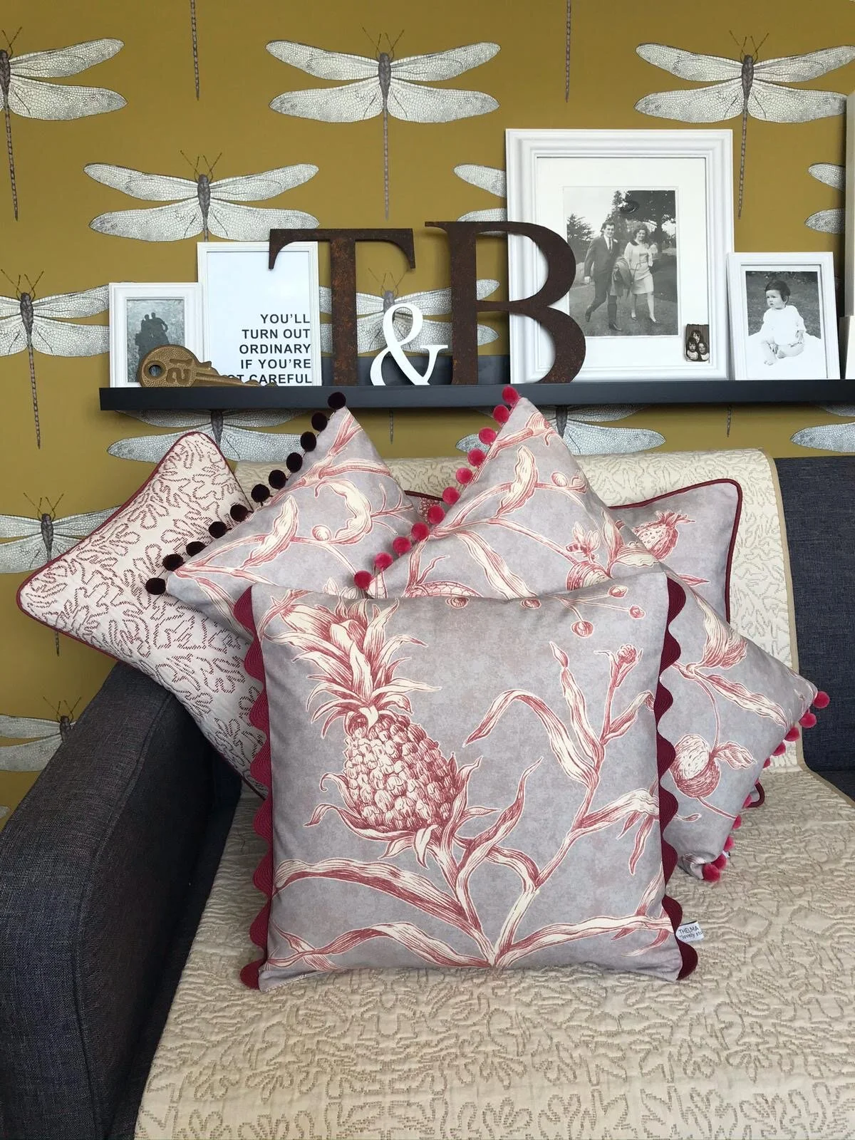 SALE Handmade Lewis &amp; Woods Squawk botanical print 45cm luxury square feather filled cushion with piping