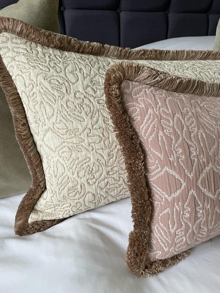 MADE TO ORDER - Lewis &amp; Wood Stockholm Stitch Plaster Pink Rectangle Cushion with fringing.