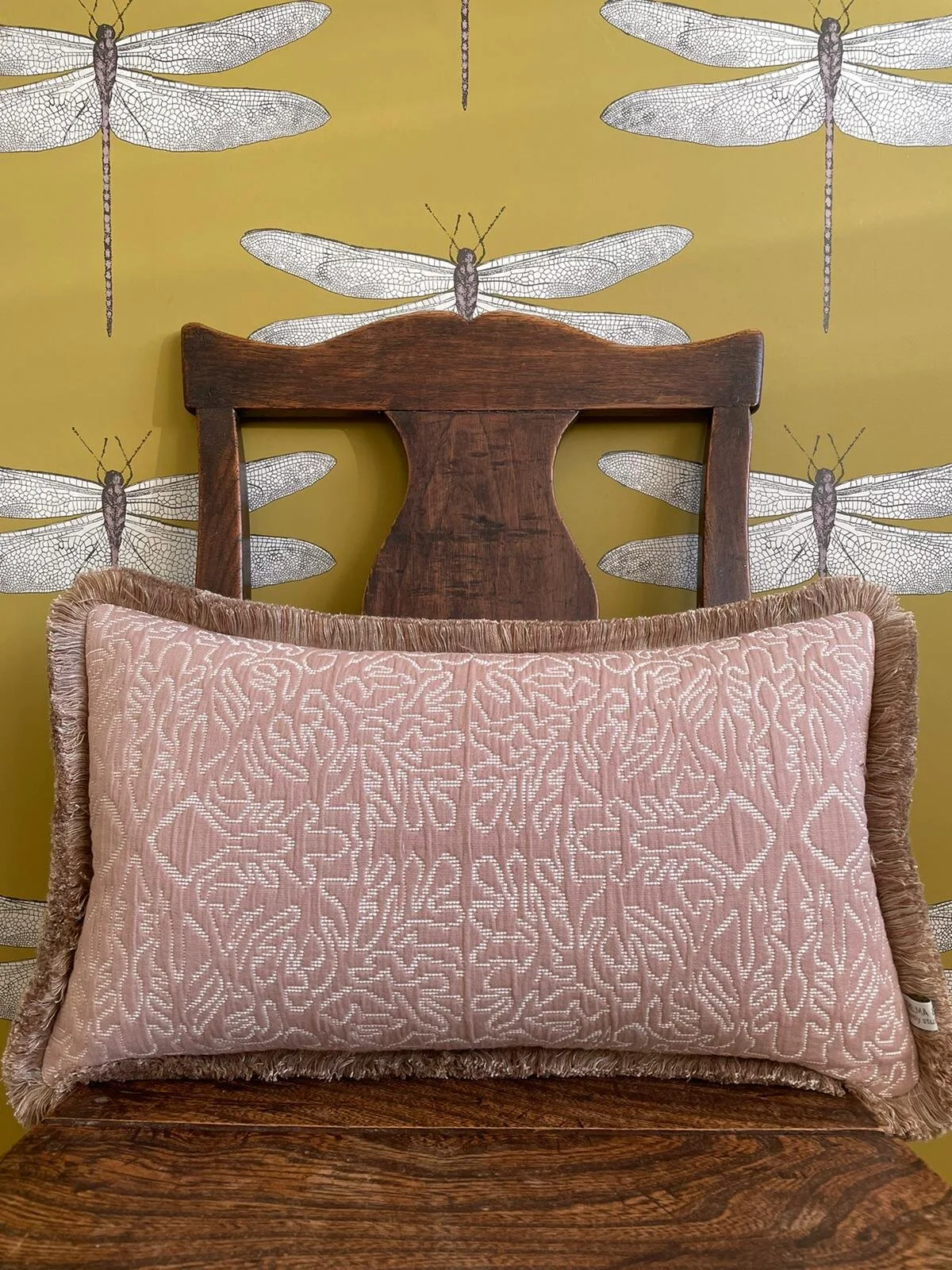 MADE TO ORDER - Lewis &amp; Wood Stockholm Stitch Plaster Pink Rectangle Cushion with fringing.